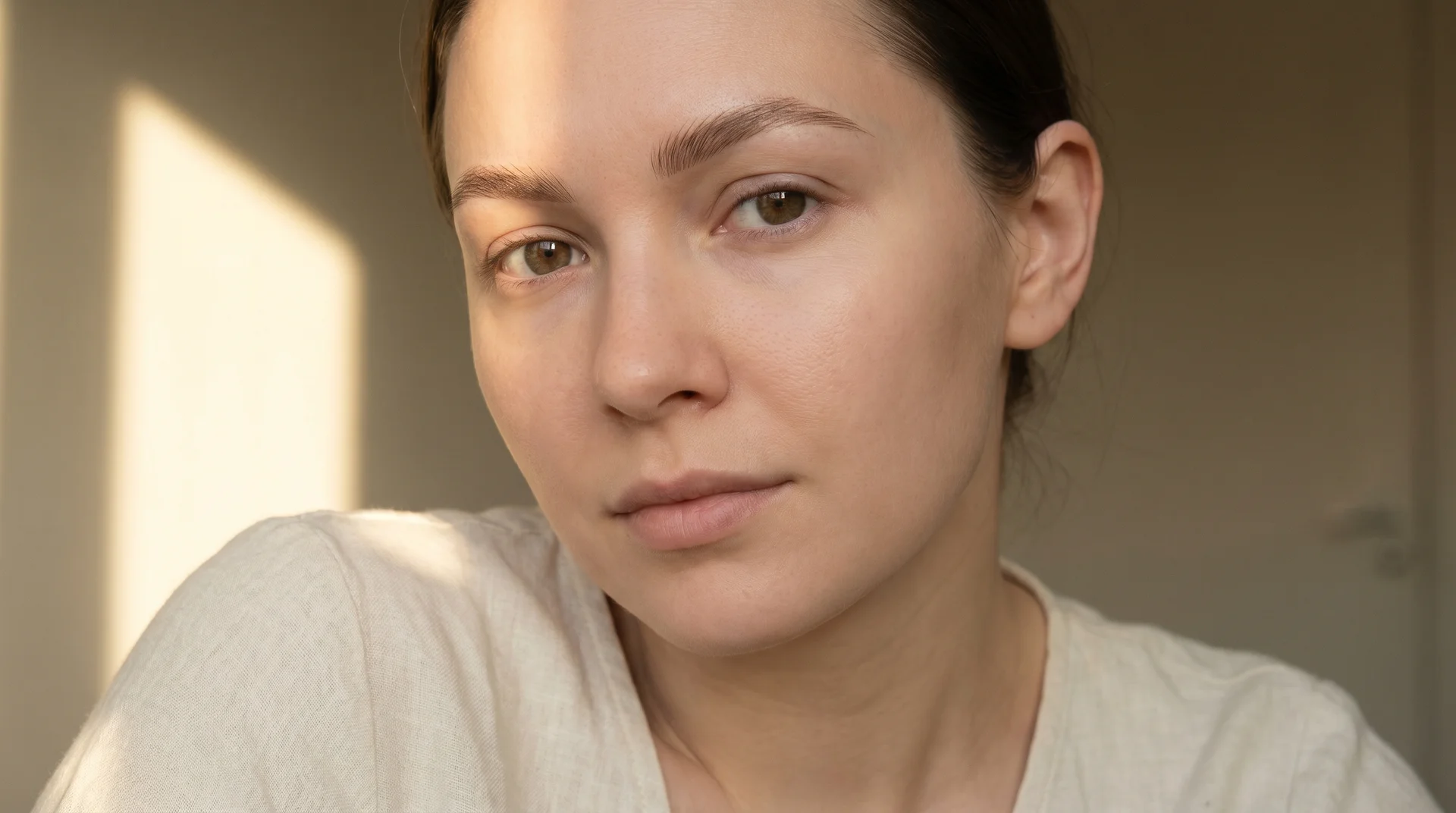 Fully healed nano brows at six weeks showing natural hair strokes in warm daylight
