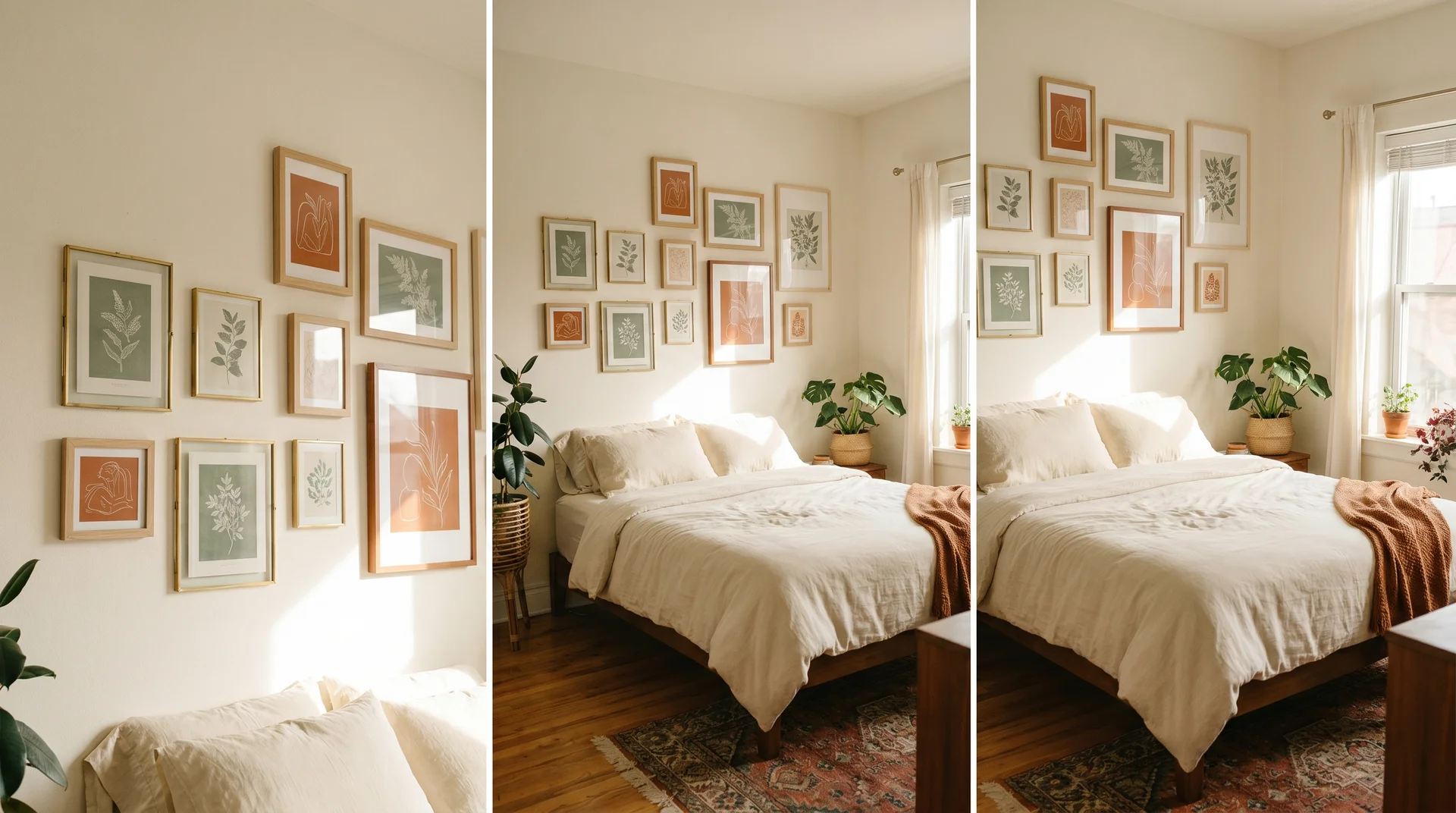 Gallery wall with sage green botanical prints and burnt orange abstract art above a cream linen bedroom bed