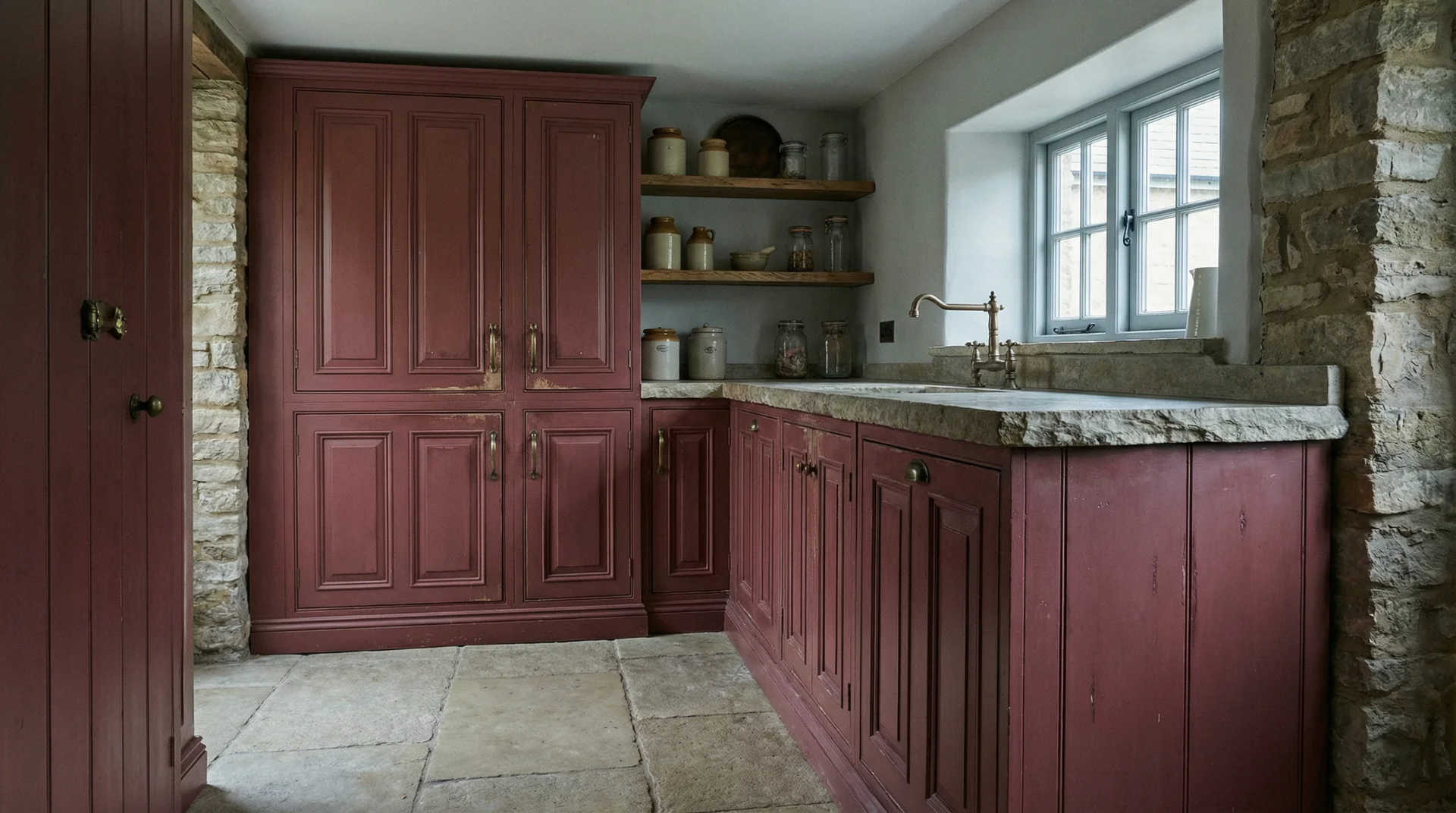 Garnet-rosewood muted red cottage kitchen with limestone floors, exposed stone wall, stoneware shelving, and aged brass hardware