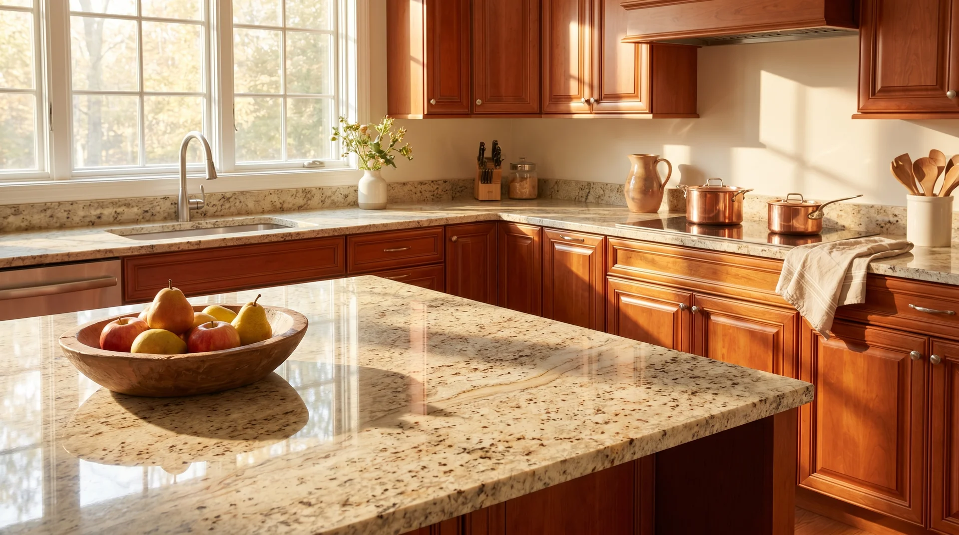 Giallo Ornamental granite countertop with golden-cream base and warm brown spots paired with cherry wood cabinets