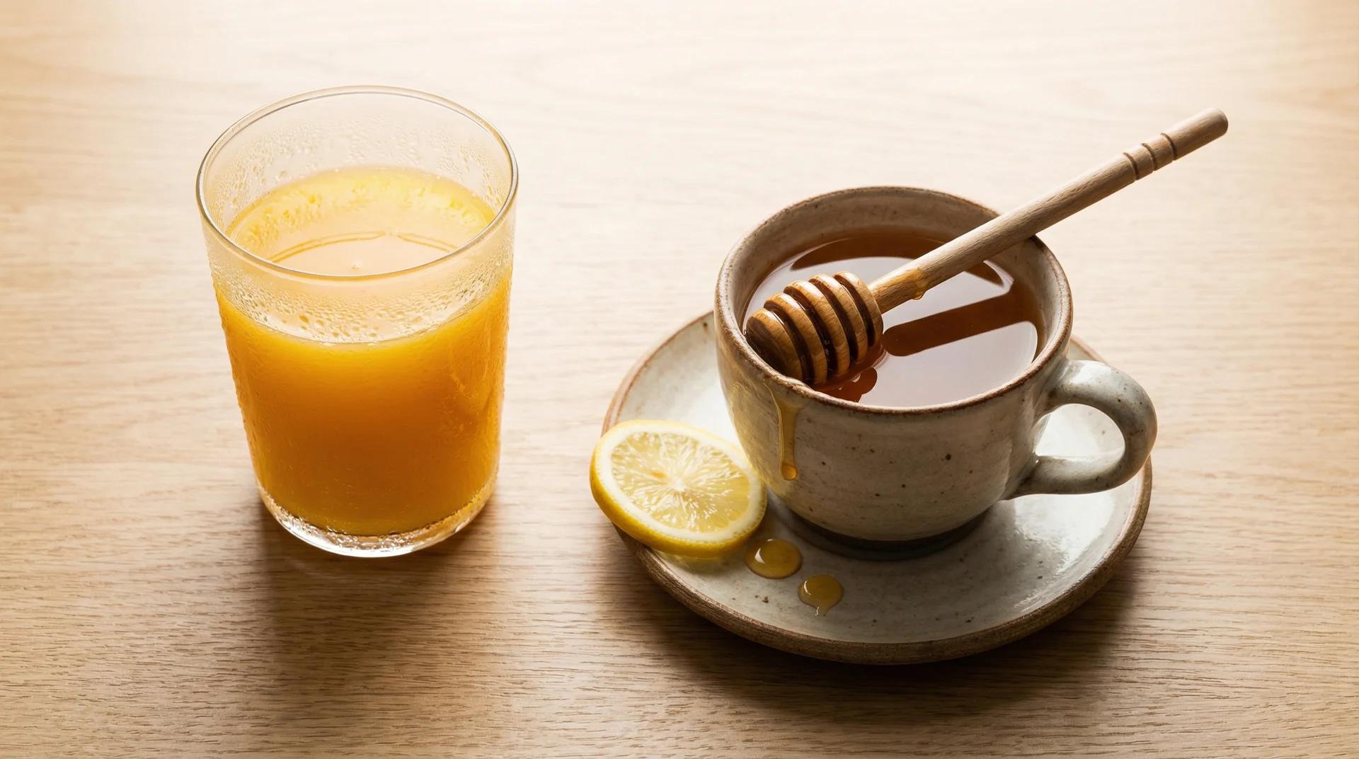 Glass of orange juice beside a warm mug of honey tea on a kitchen counter, comparing drink choices for a sore throat