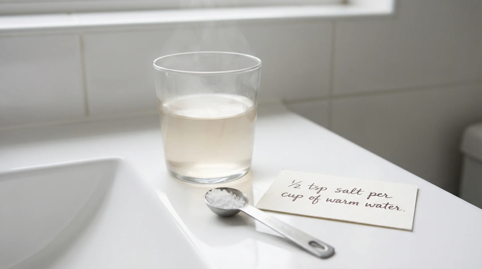 Glass of warm salt water with measuring spoon showing half-teaspoon of salt for sore throat gargling