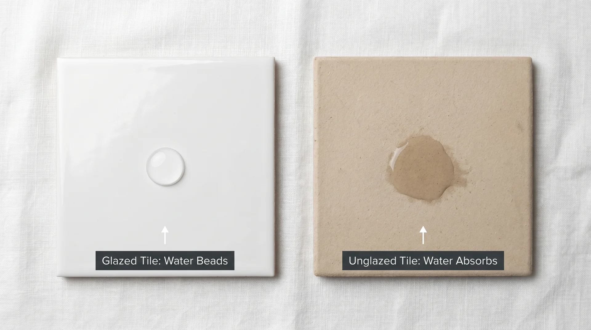 Glazed tile with beading water droplet next to unglazed tile with absorbing droplet, a simple identification test
