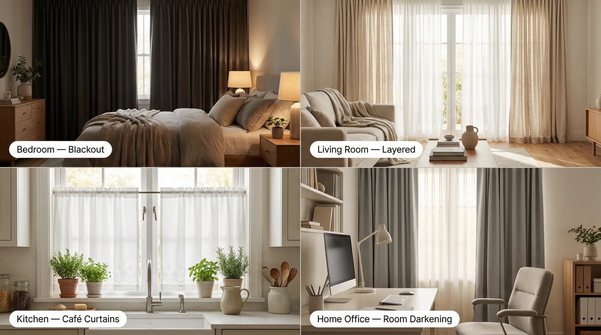Grid showing best curtain types for bedroom, living room, kitchen, and home office
