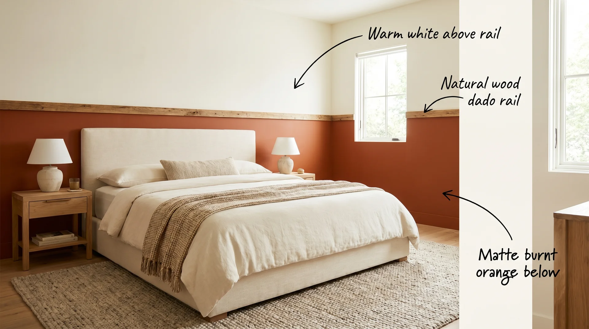 Half-wall burnt orange treatment below a dado rail with warm white above in an annotated bedroom photograph
