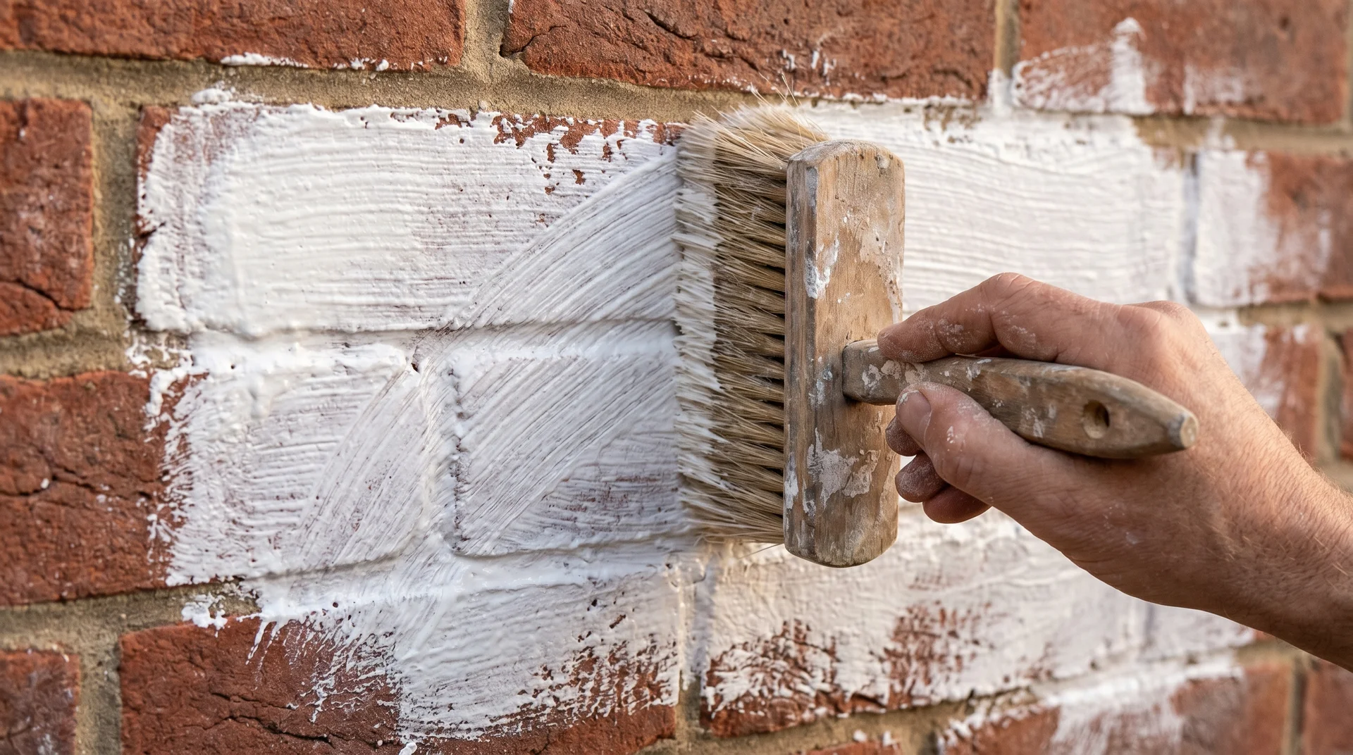 Hand applying limewash to brick with a natural bristle brush using multi-directional strokes mid-application