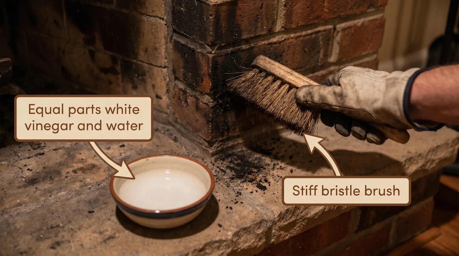 Hand scrubbing soot off fireplace brick with stiff brush, vinegar-water solution in bowl nearby with labels