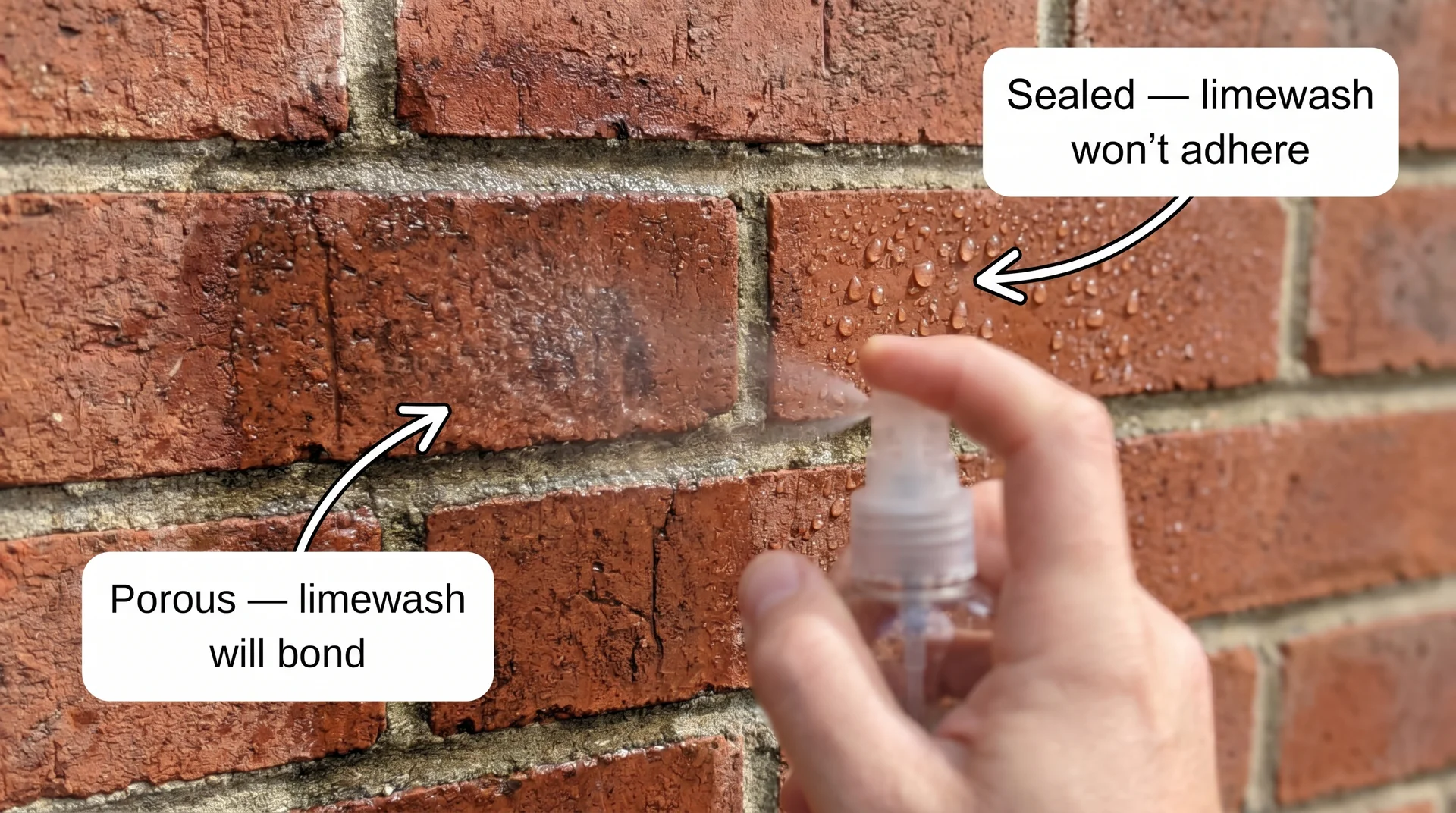 Hand spraying water on brick showing two zones: water absorbing into porous brick and beading on sealed brick