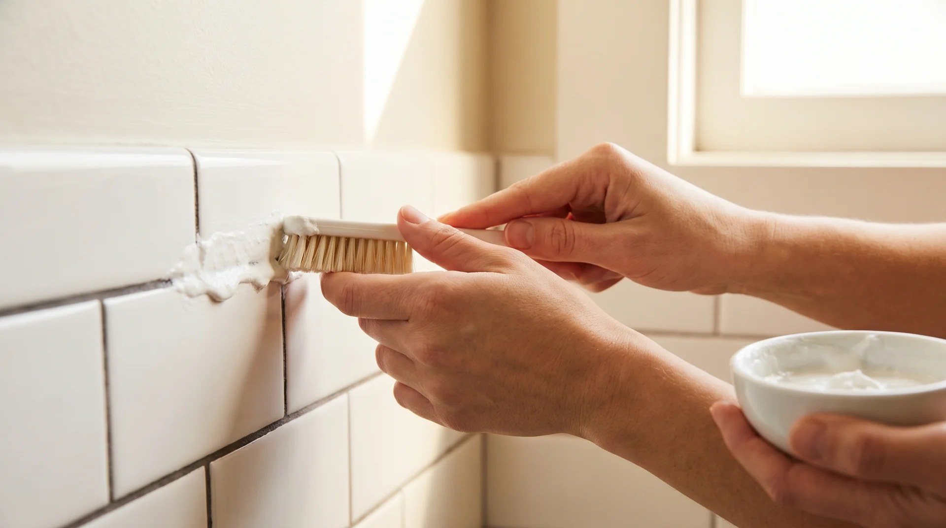 Hands brushing a thick baking soda and hydrogen peroxide paste into black grout lines on white bathroom tile