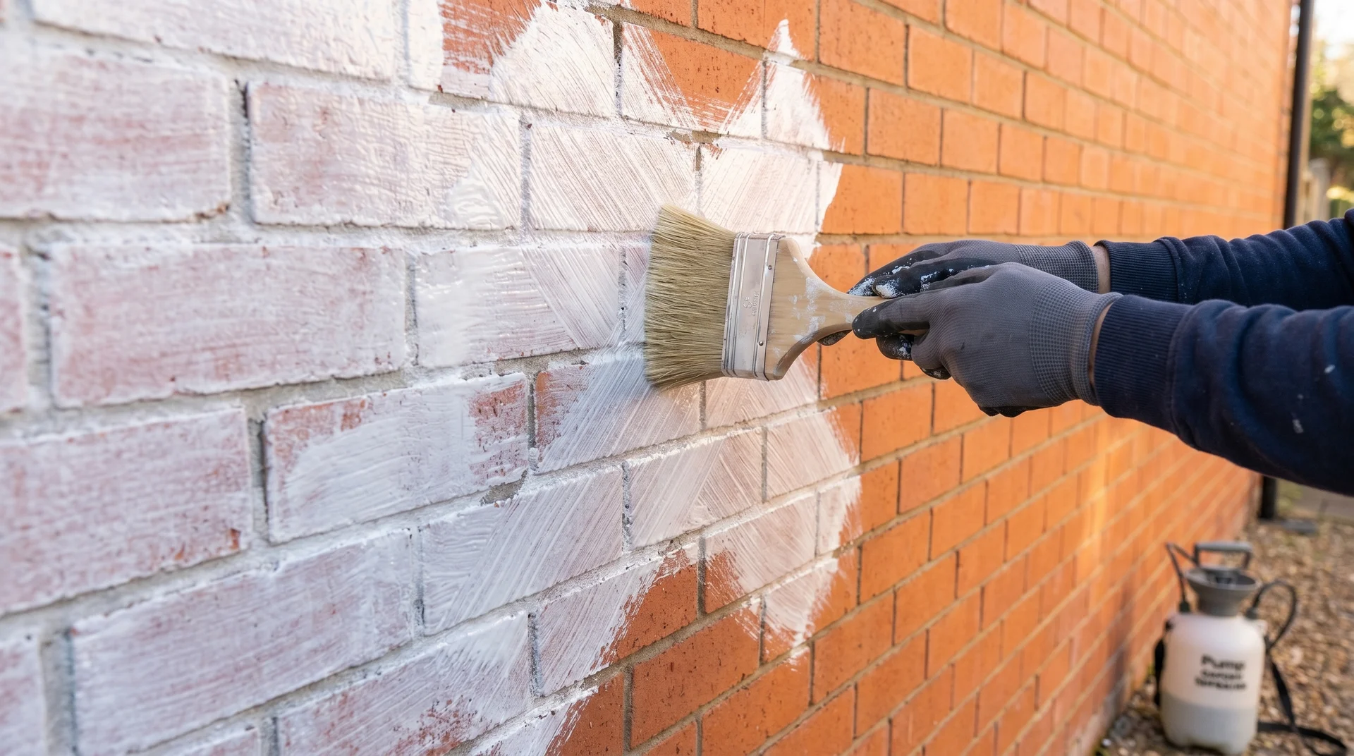 Hands brushing white limewash onto red brick in crosshatch strokes showing treated left section and untreated right section