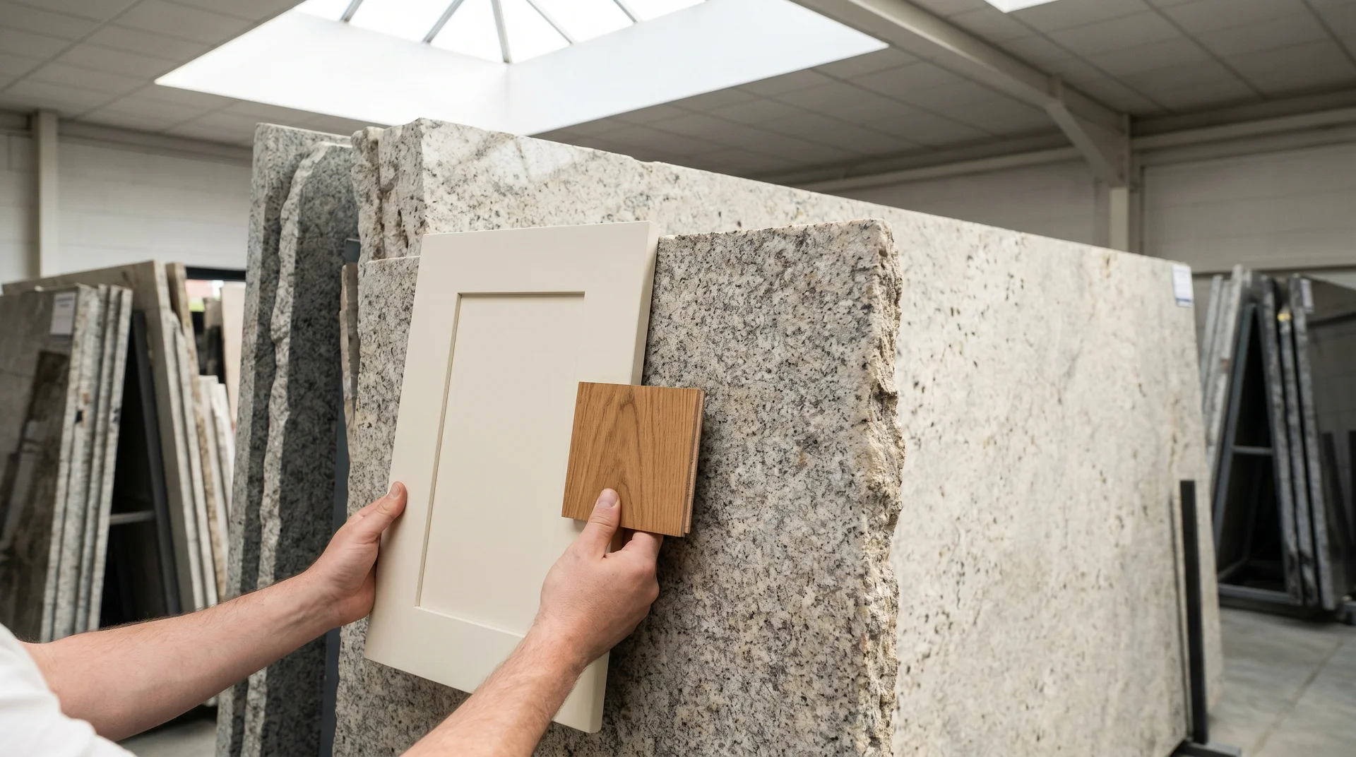 Hands holding cream cabinet door and oak floor tile sample against a Colonial White granite slab for undertone comparison