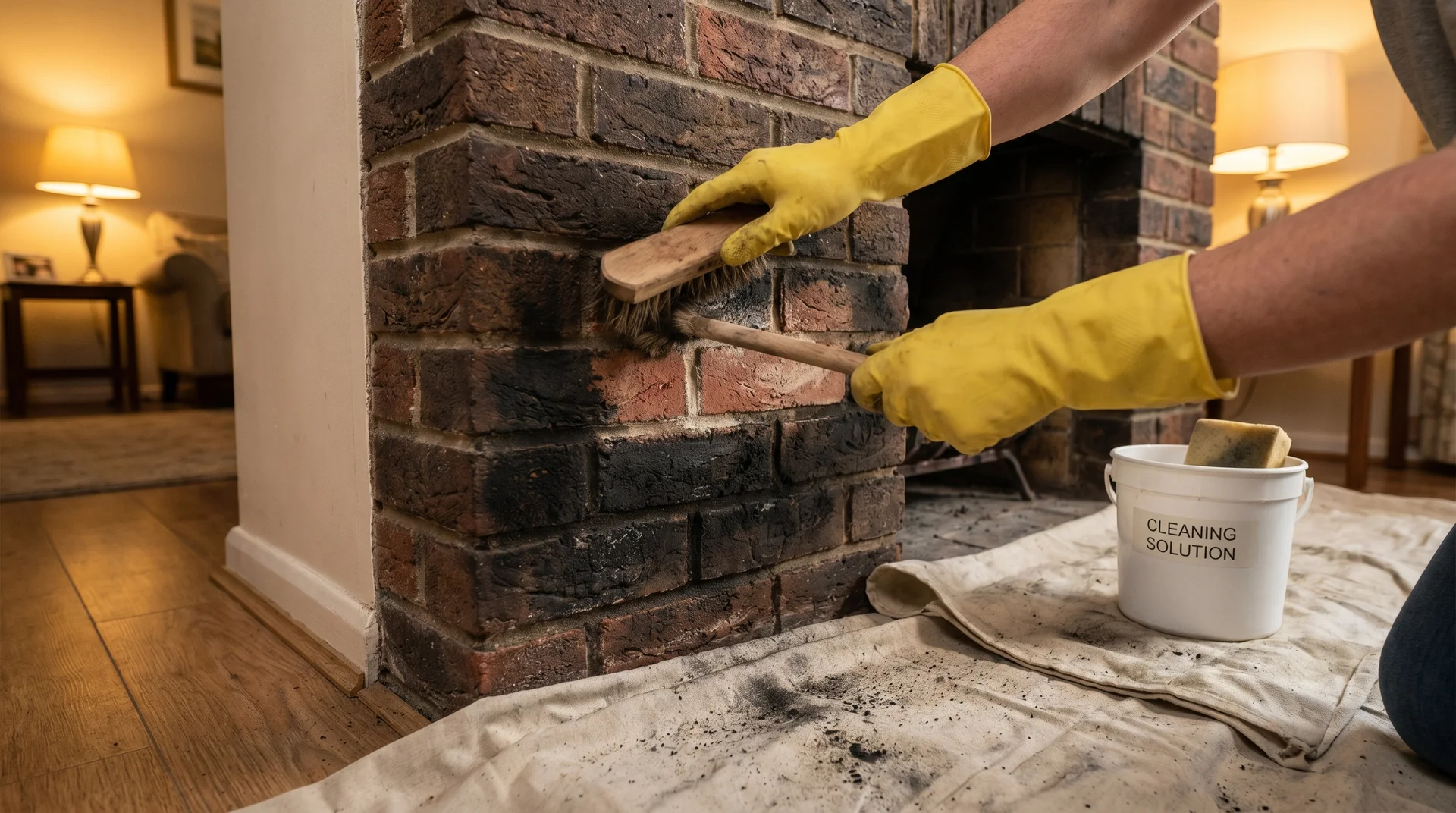 Hands in rubber gloves scrubbing sooty brick with stiff brush and TSP before whitewashing
