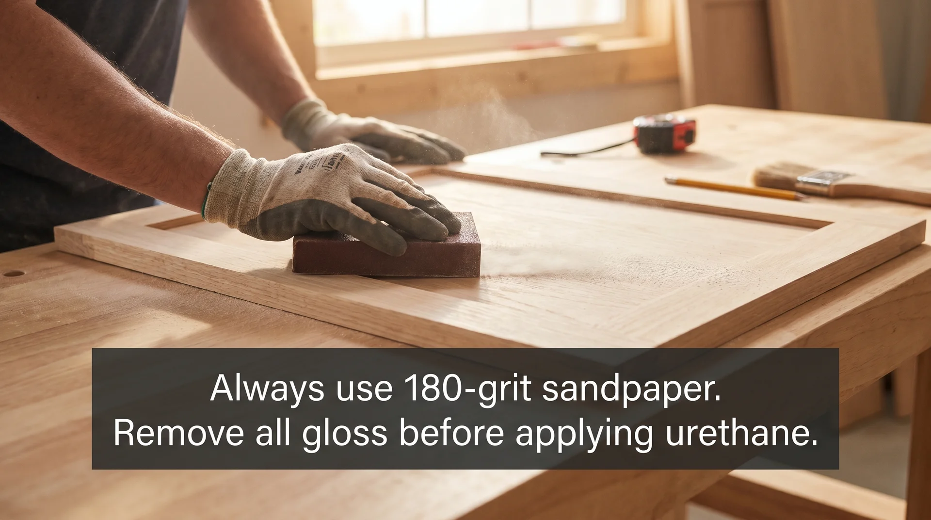 Hands sanding a cabinet door with 180-grit sandpaper to remove gloss and prepare the surface for urethane paint
