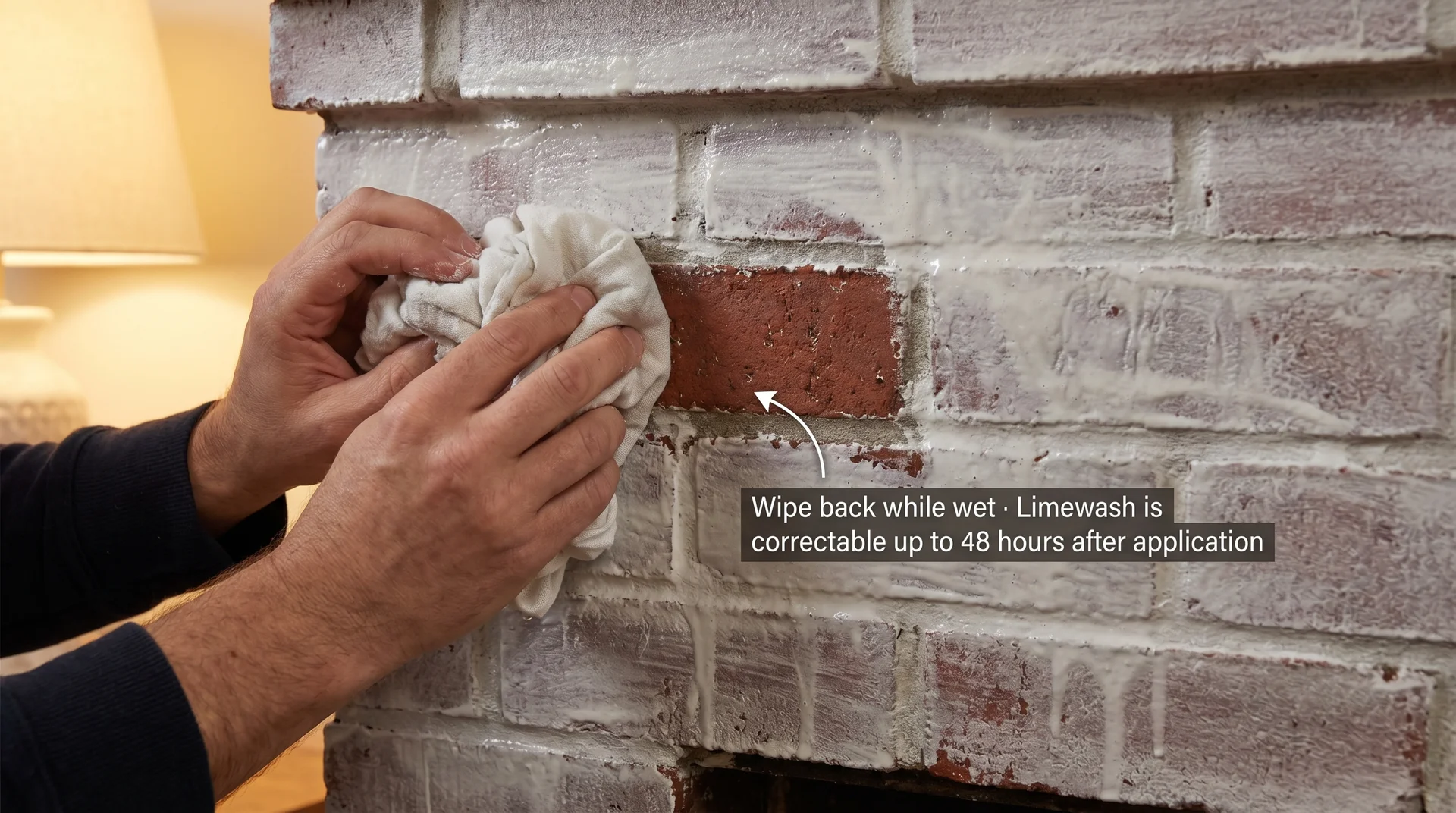 Hands using a damp cloth to wipe back freshly applied limewash on brick fireplace showing the correction technique