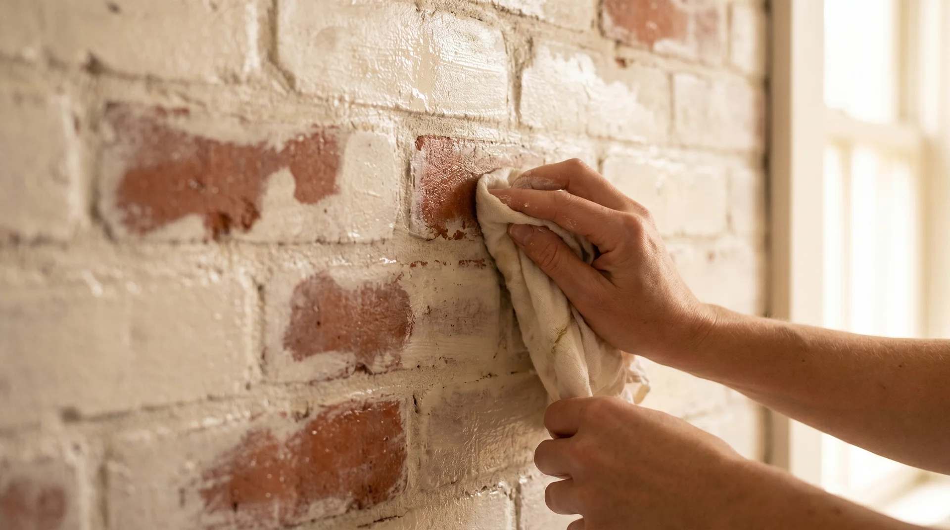 Hands using a damp rag to blot fresh limewash off brick wall revealing original red brick in a natural distressed pattern 