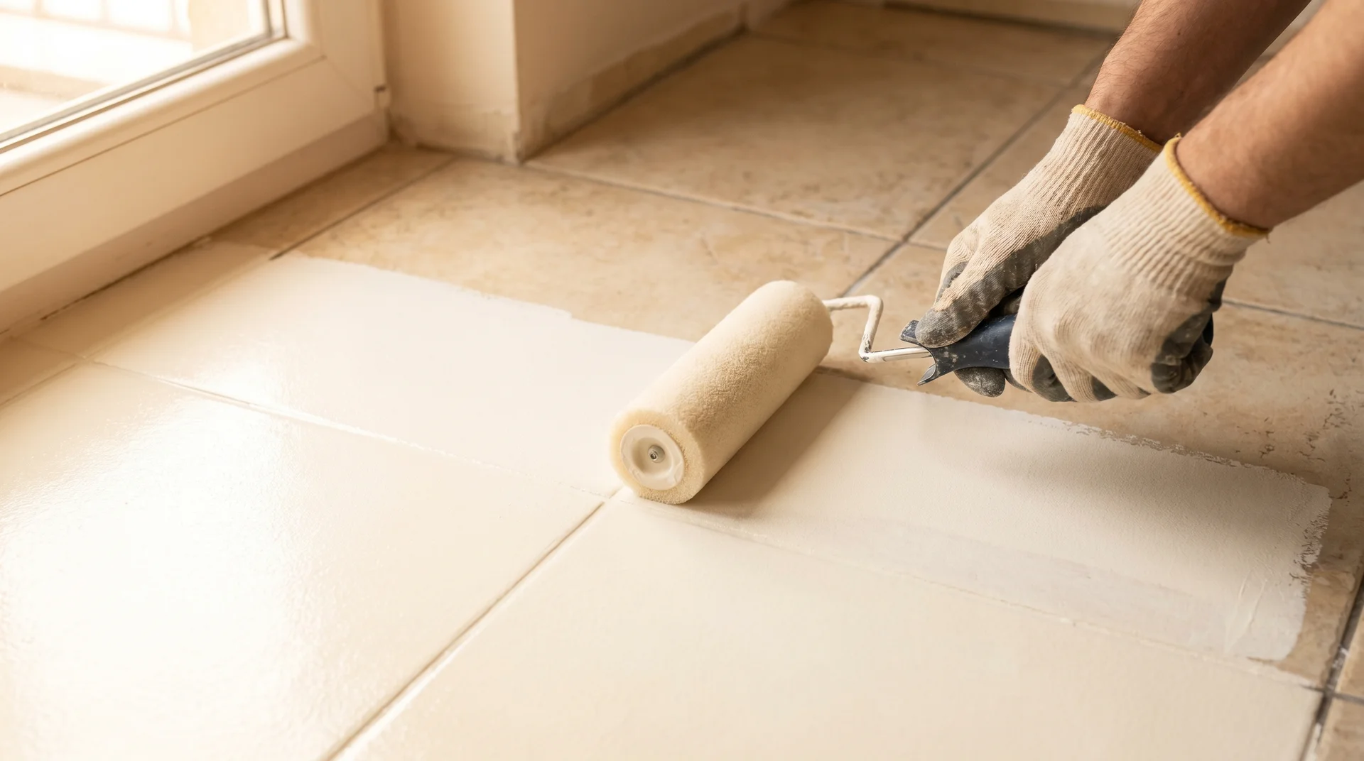Hands using a foam roller to apply white paint evenly over ceramic tile floor, showing correct application technique