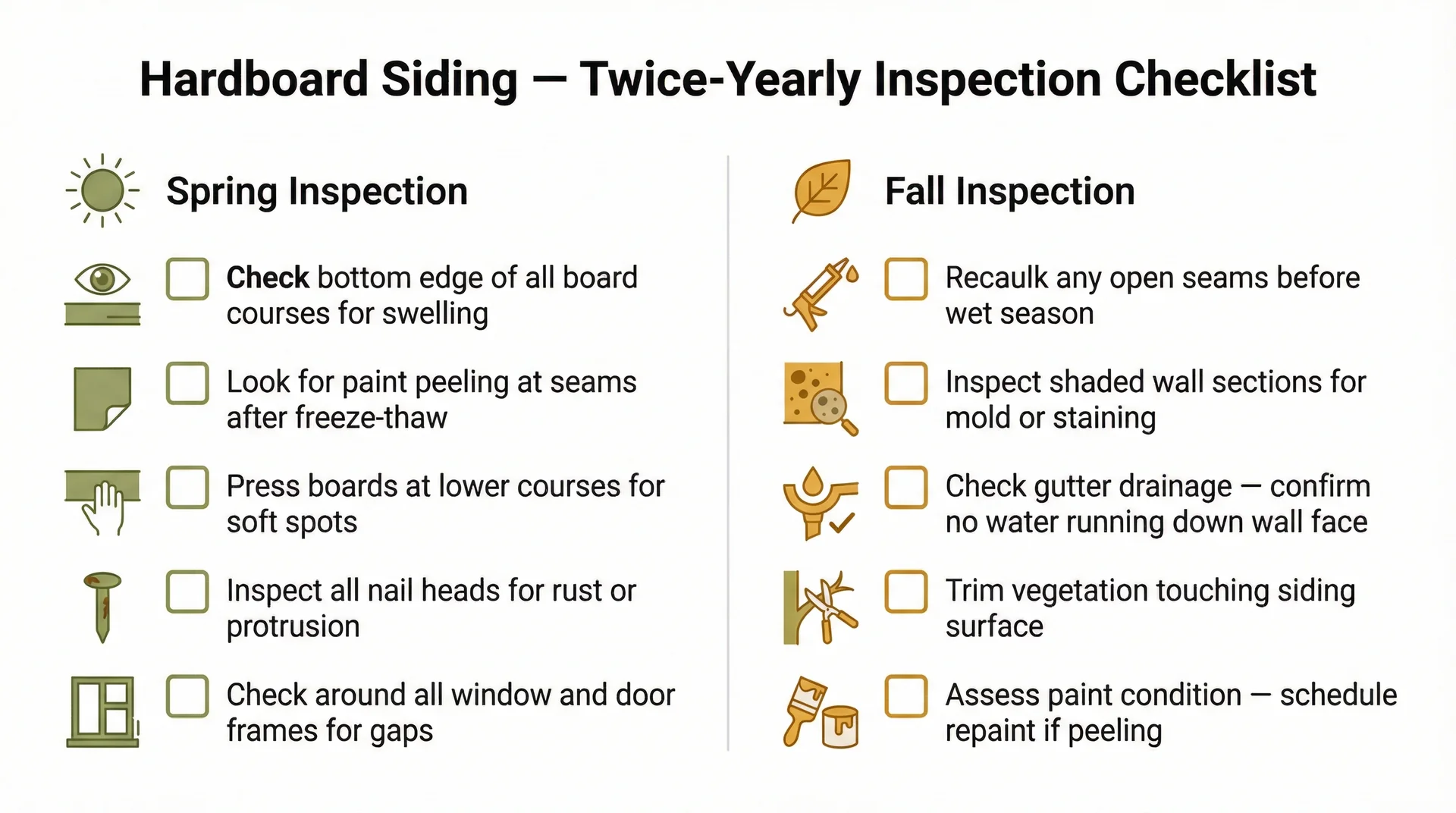 Hardboard siding spring and fall inspection checklist showing ten maintenance checks across two seasonal columns