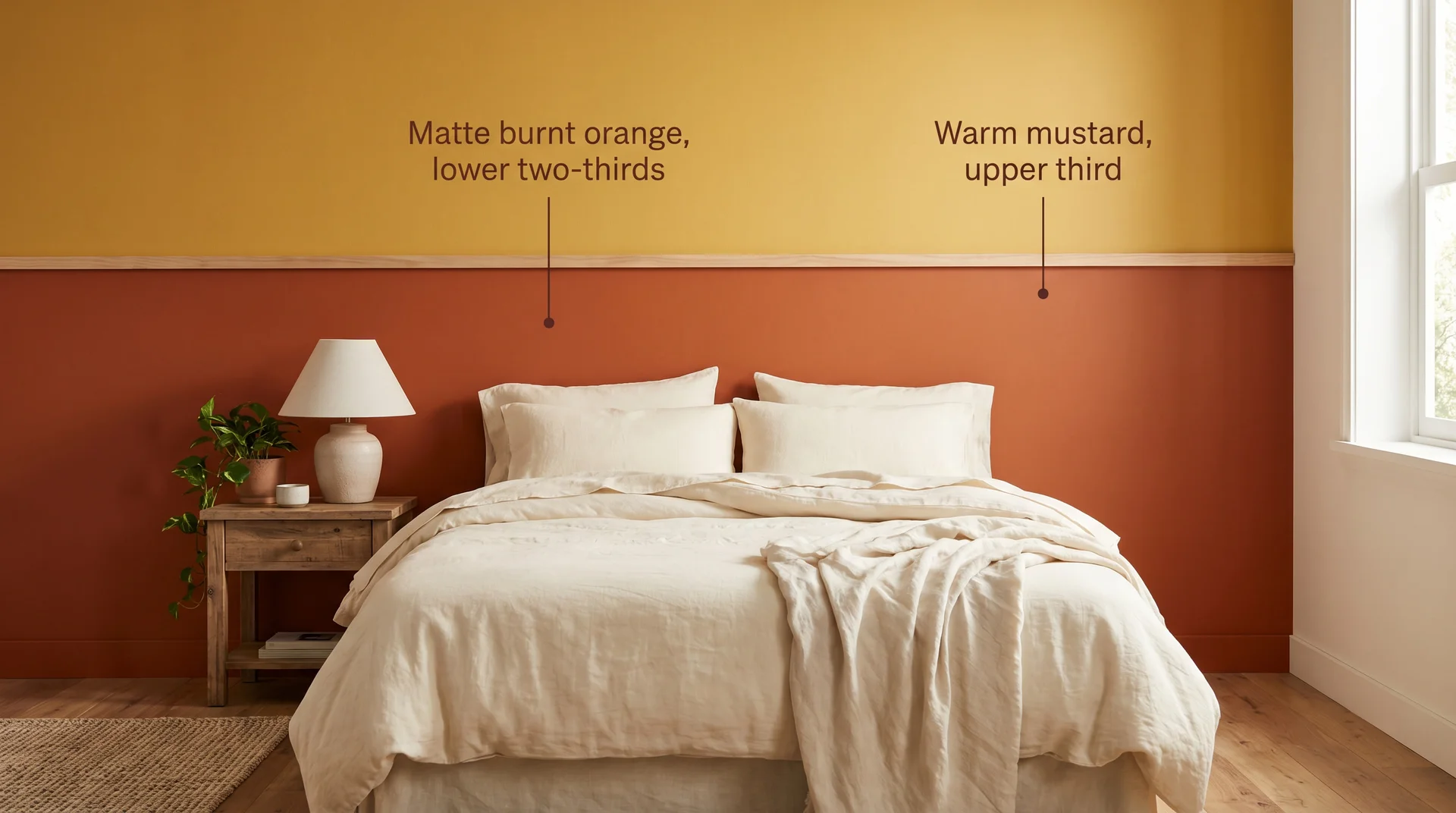Headboard wall colour-blocked with matte burnt orange lower section and warm mustard upper third, cream bedding
