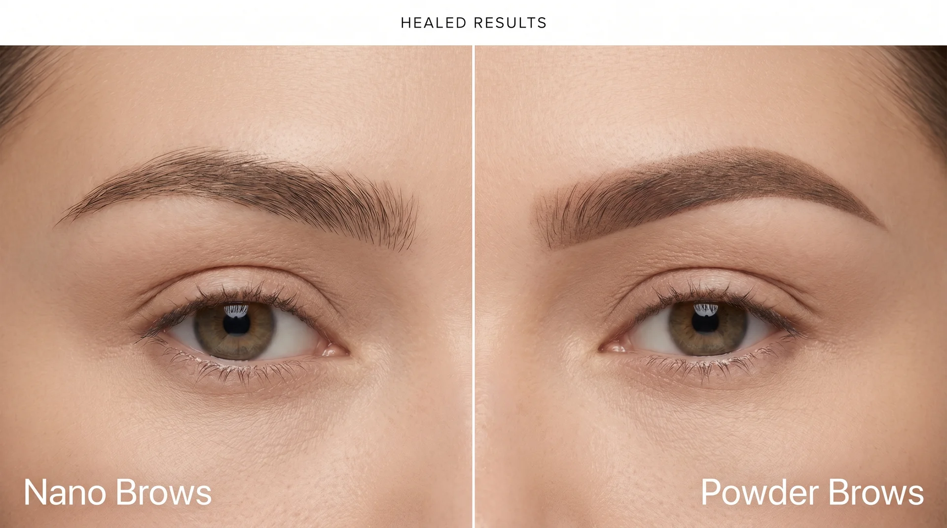 Healed nano brows showing hair strokes left, healed powder brows showing soft shading gradient right 