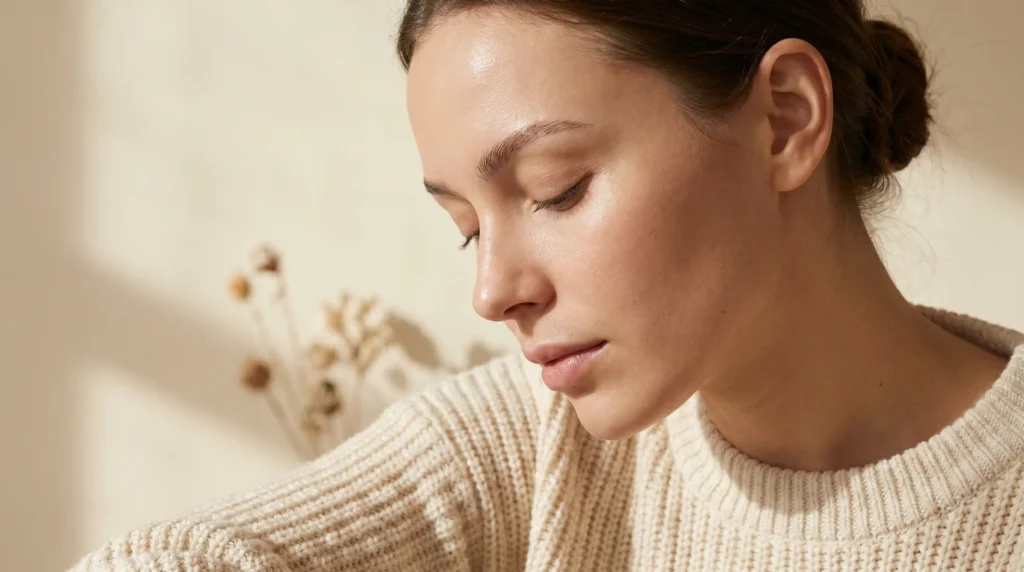 Healed nano brows with natural hair-like strokes on woman's face in warm light