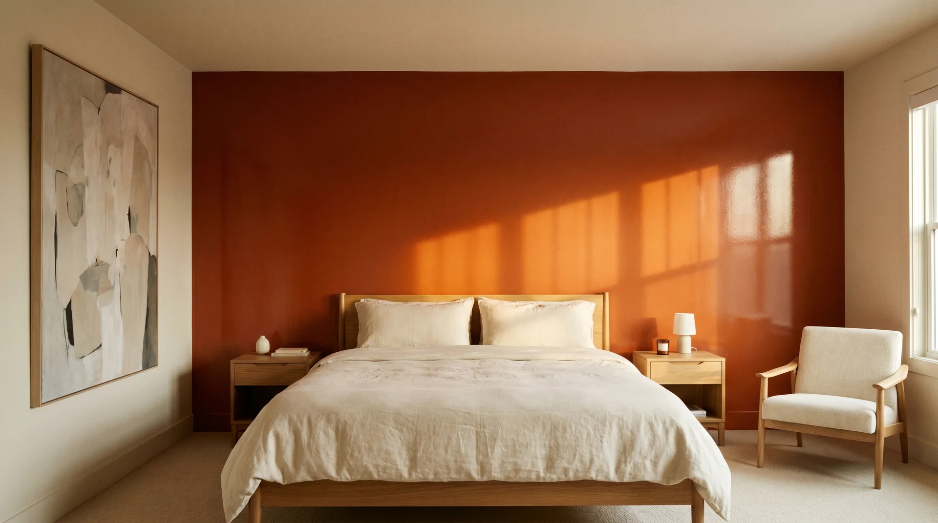 High-gloss burnt orange feature wall in a bedroom with all matte surroundings and cream linen bedding
