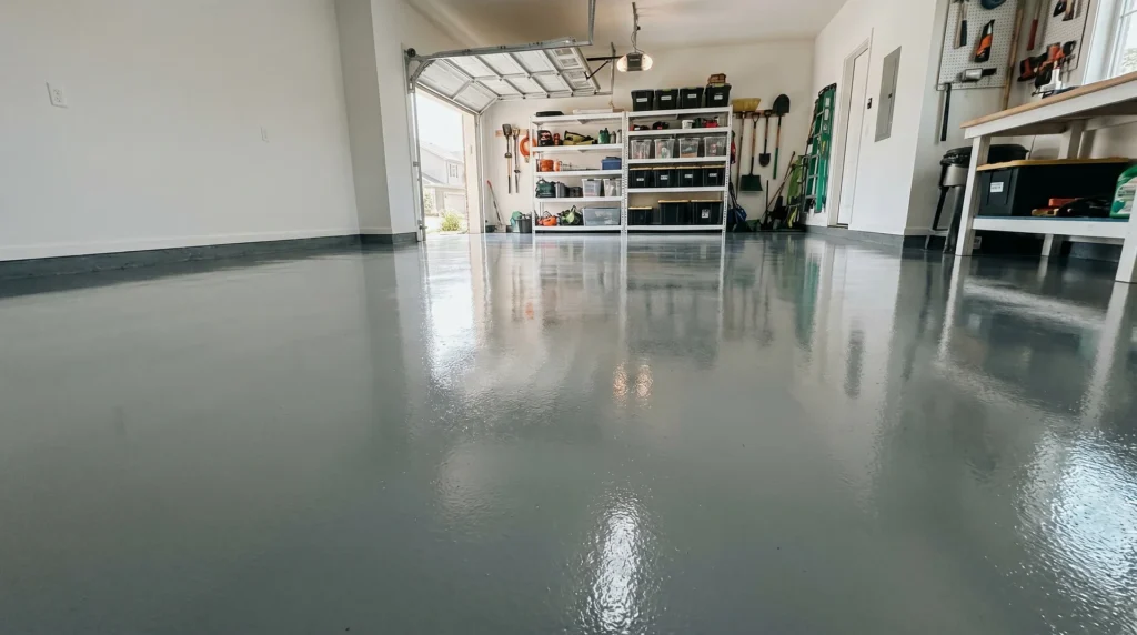 High-gloss grey epoxy-painted garage floor reflecting natural light in a clean, well-organised residential garage