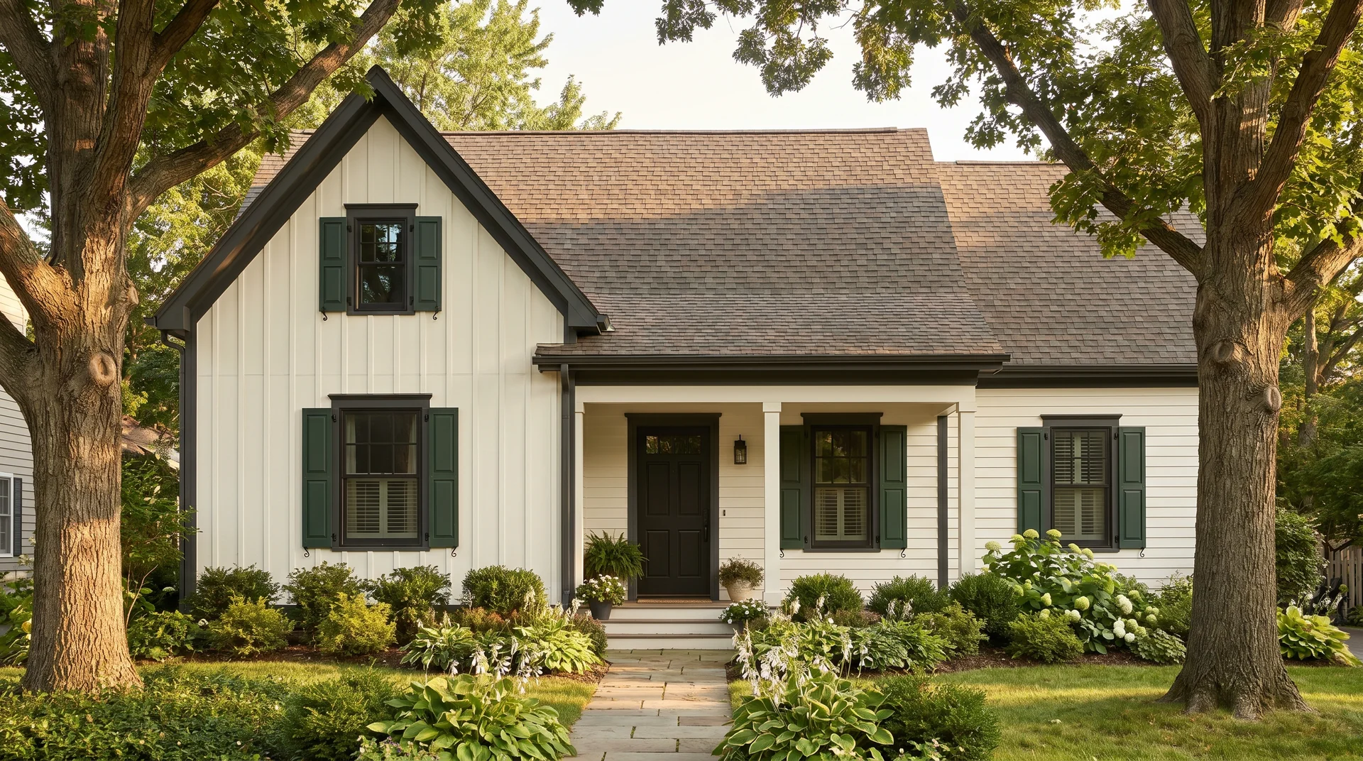 Home exterior painted in Alabaster white paint with dark charcoal trim, green shutters, and mature landscaping