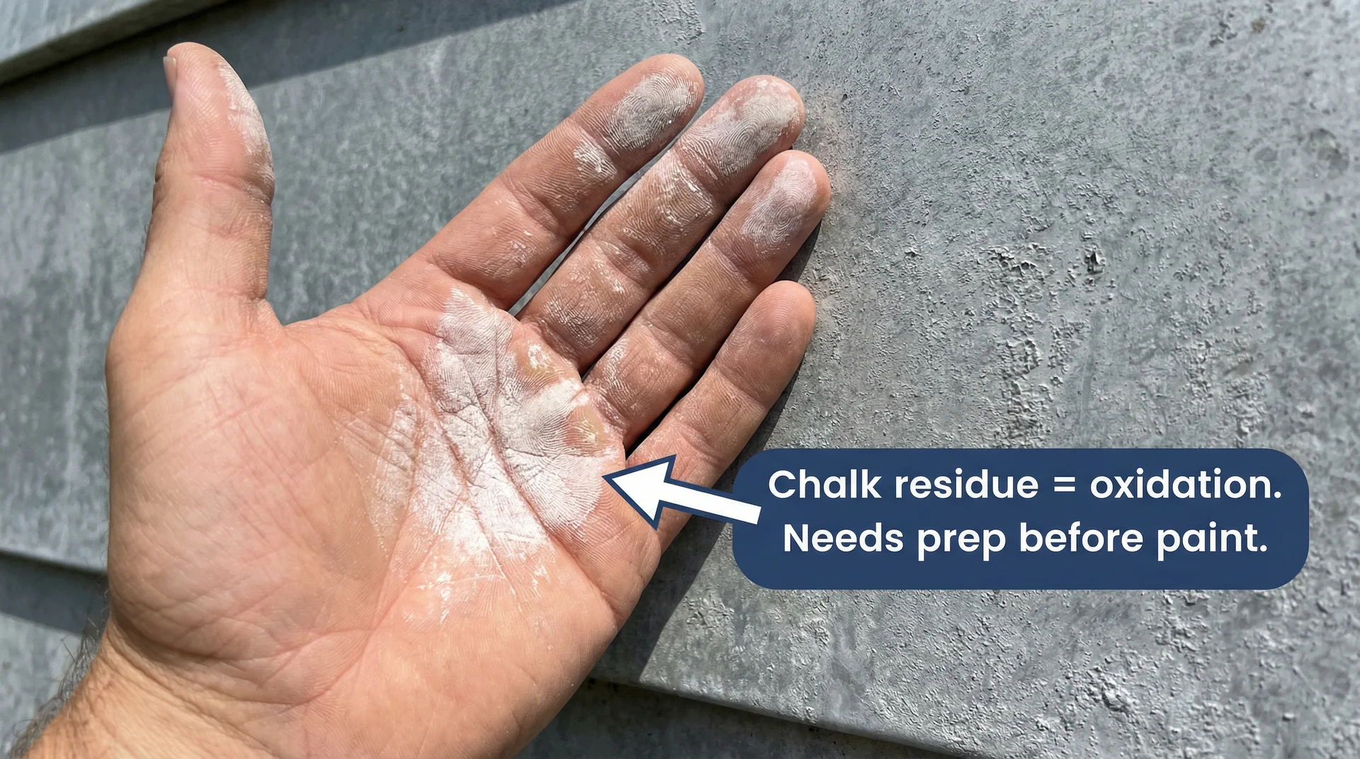 Homeowner's palm with white chalk residue from aluminum siding, indicating oxidation that requires prep before painting
