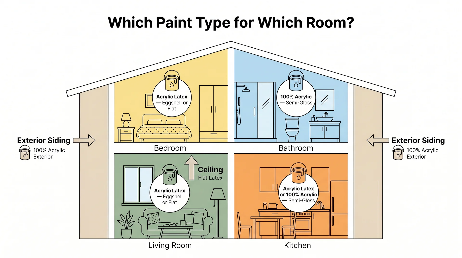 House cutaway diagram showing recommended paint types for each room: acrylic latex for bedrooms and living rooms, 100% acrylic for bathrooms and exteriors
