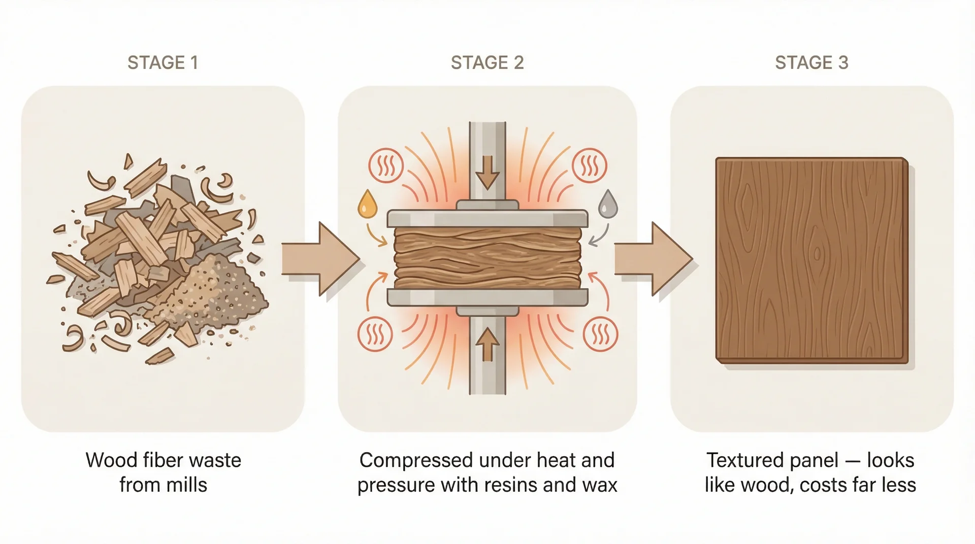 Illustrated diagram of hardboard siding manufacturing process from wood fiber to finished textured panel
