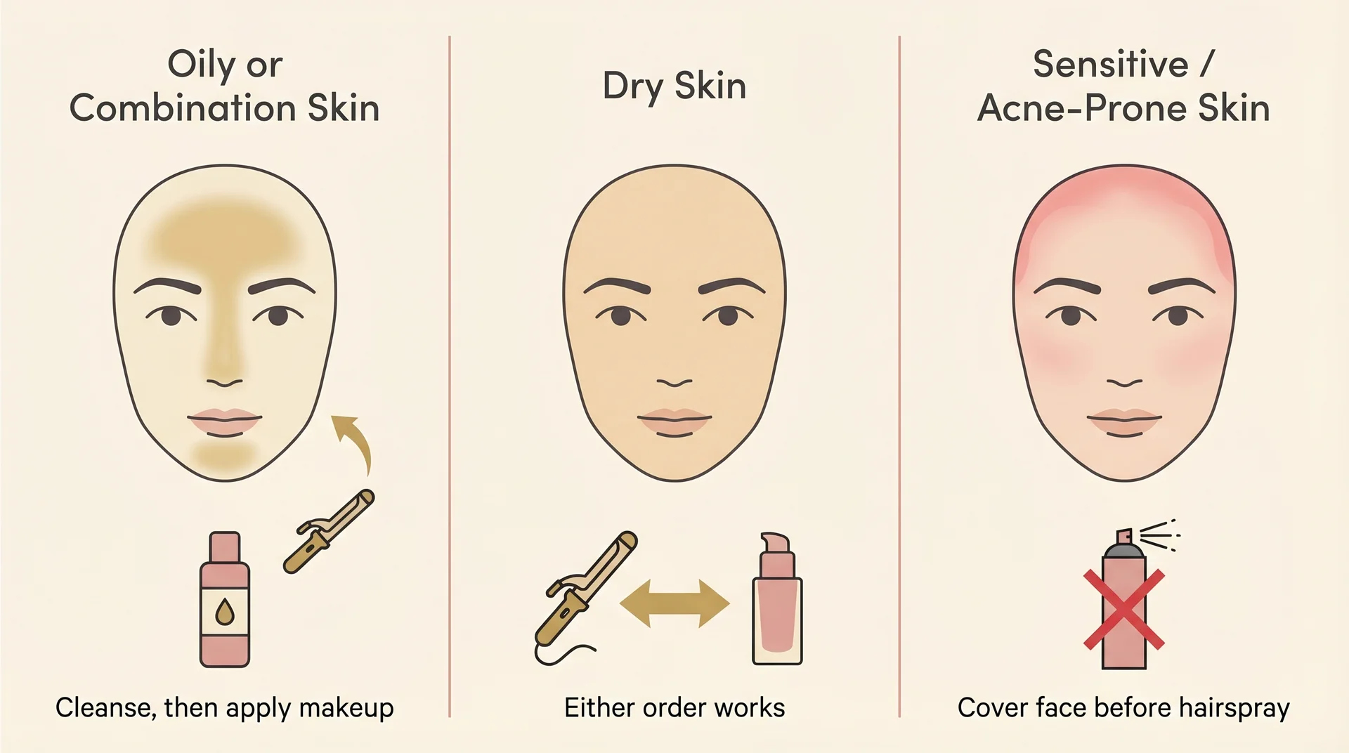 Illustrated guide showing the correct hair and makeup order for oily, dry, and acne-prone skin types