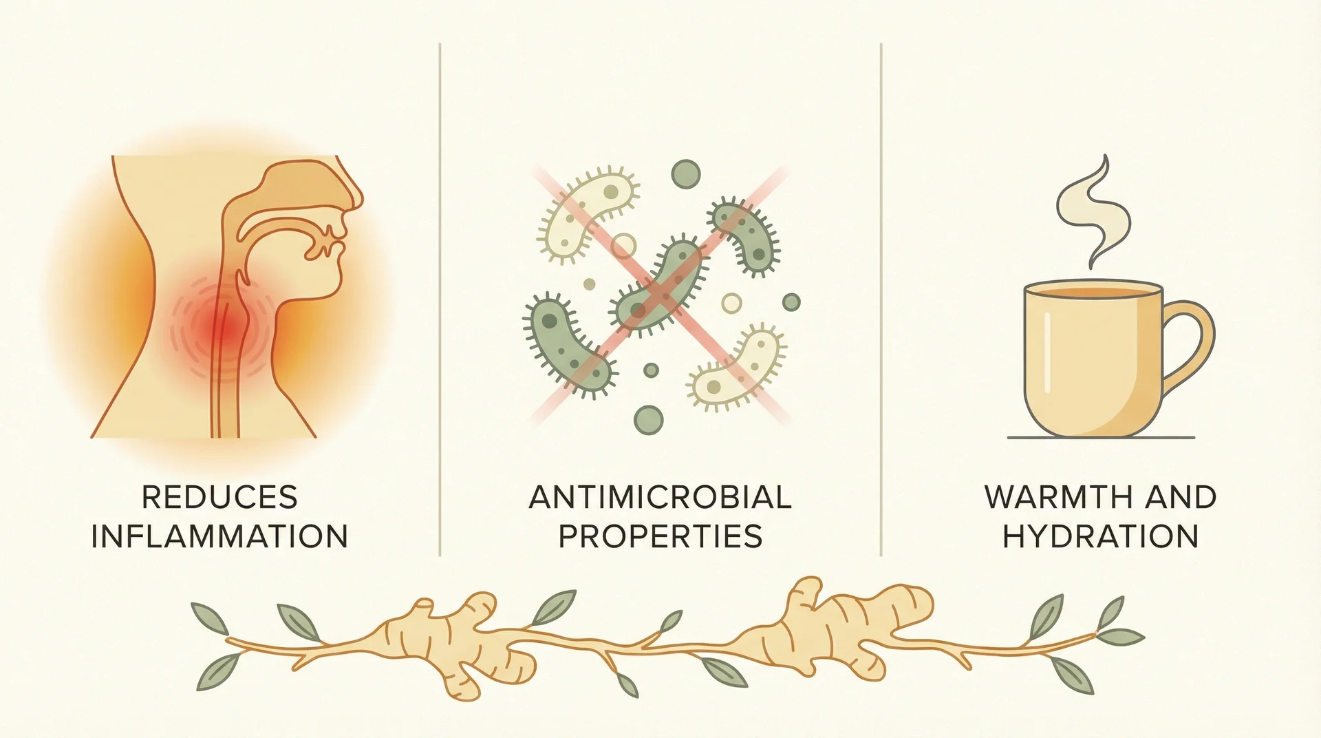 Illustration showing ginger's three sore throat benefits: reduces inflammation, antimicrobial properties, warmth and hydration