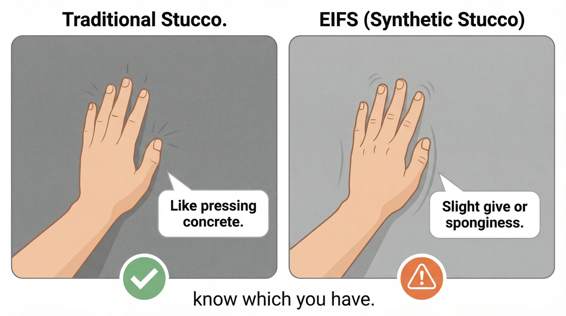 Illustration showing press test to distinguish traditional stucco (solid) from EIFS (slight sponginess) by hand pressure
