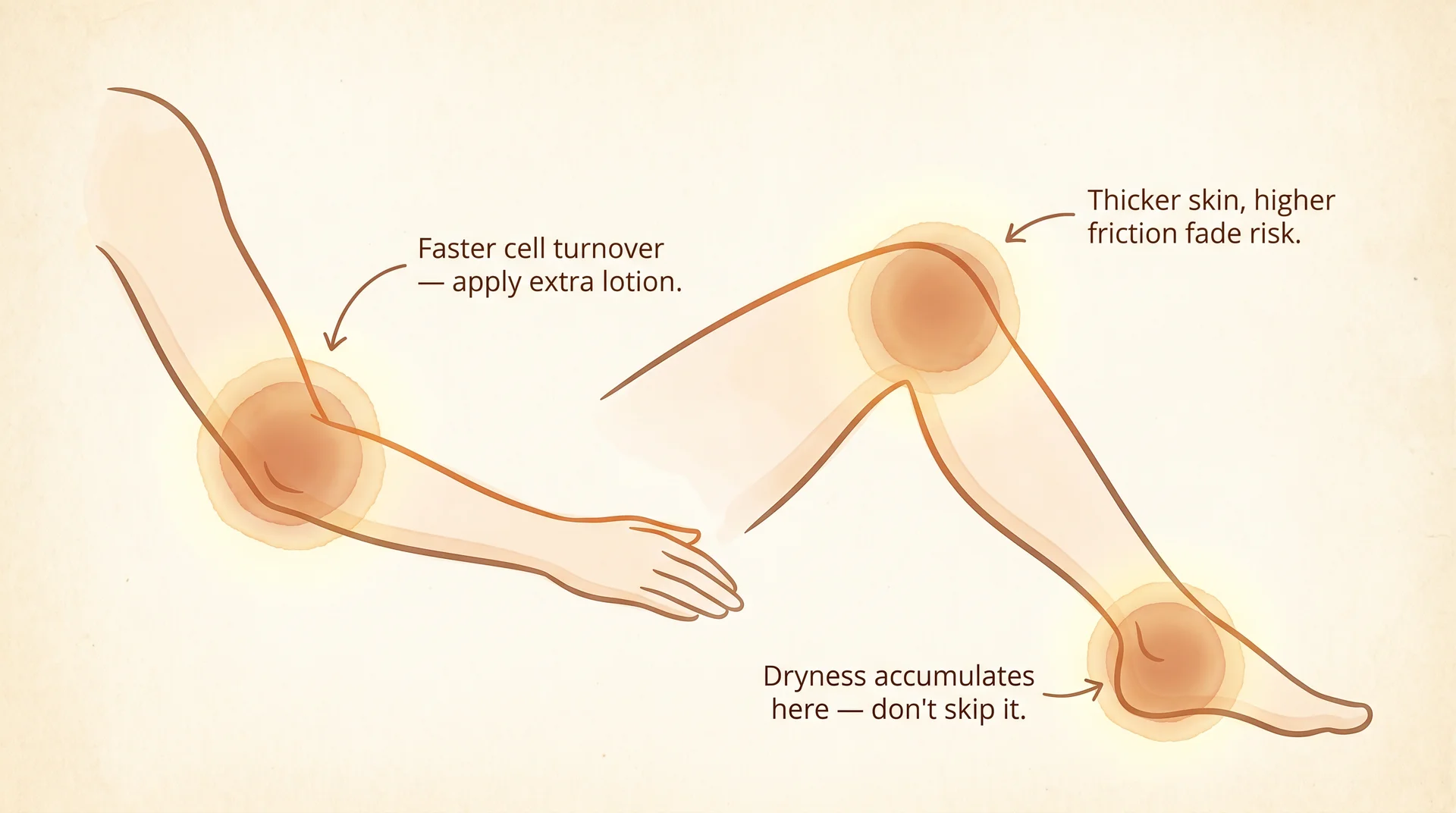 Illustration showing spray tan fade-prone areas at elbows, knees, and ankles with care instructions 