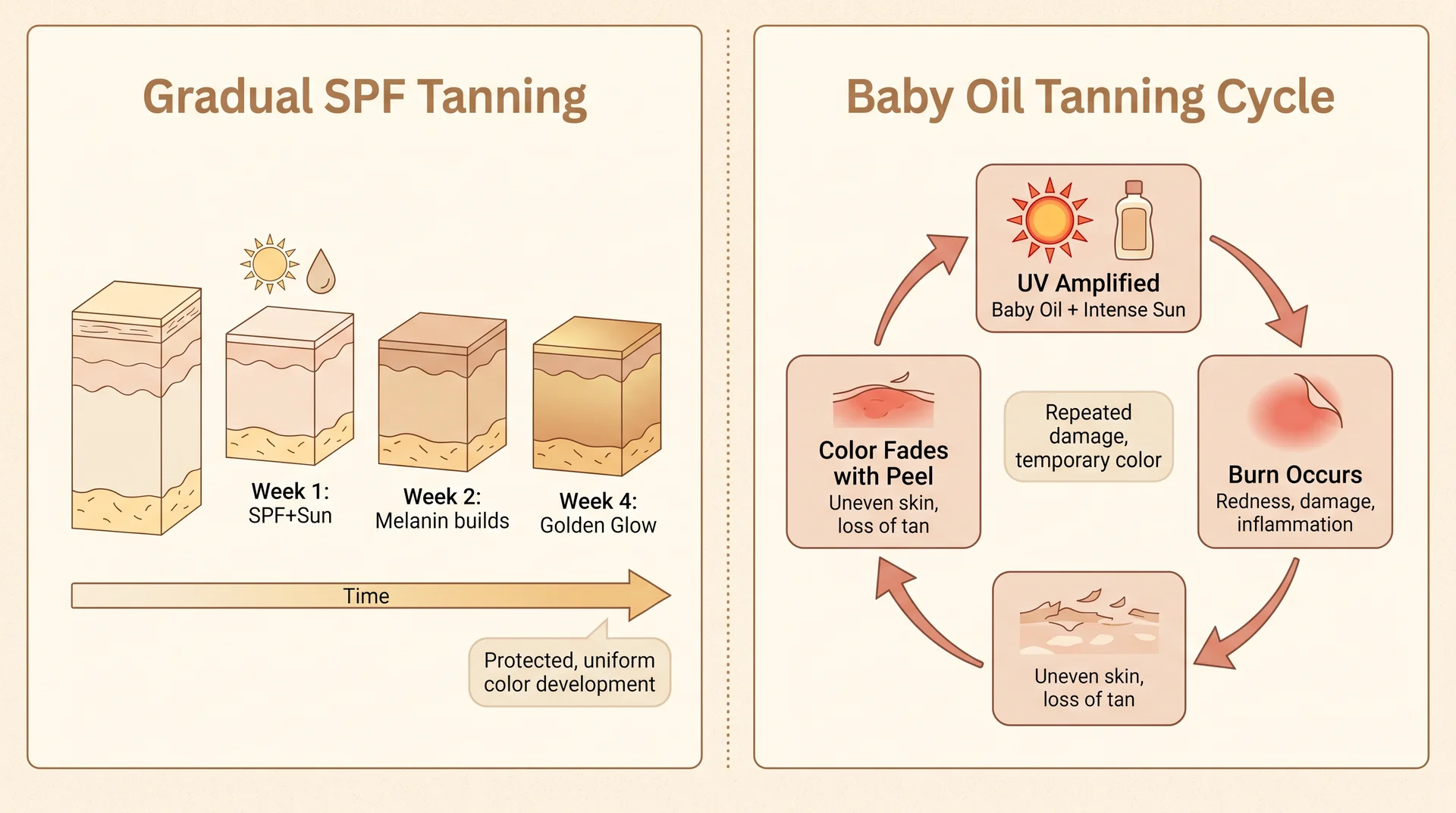 Infographic comparing gradual SPF tanning versus the burn-and-peel cycle of baby oil tanning
