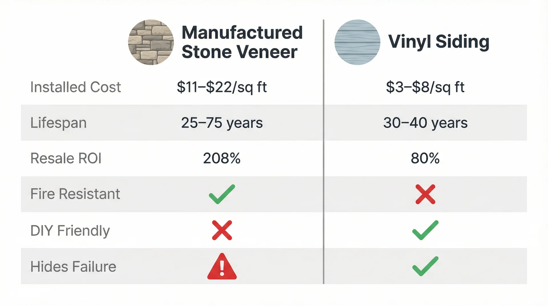 Infographic comparing manufactured stone veneer vs vinyl siding on cost, lifespan, ROI, fire resistance, and DIY ease