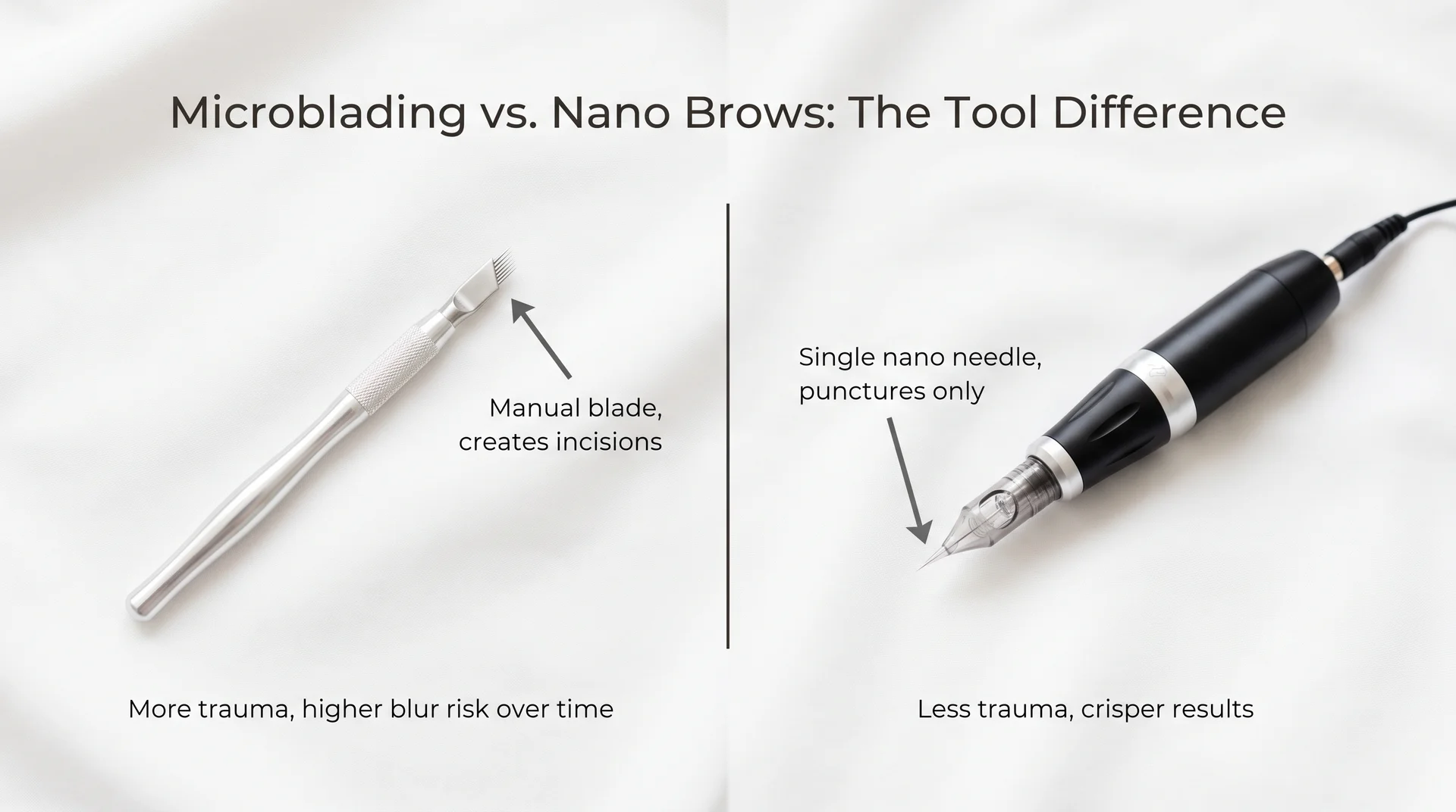 Infographic comparing microblading manual blade tool on the left to nano brow PMU machine needle on the right with labels
