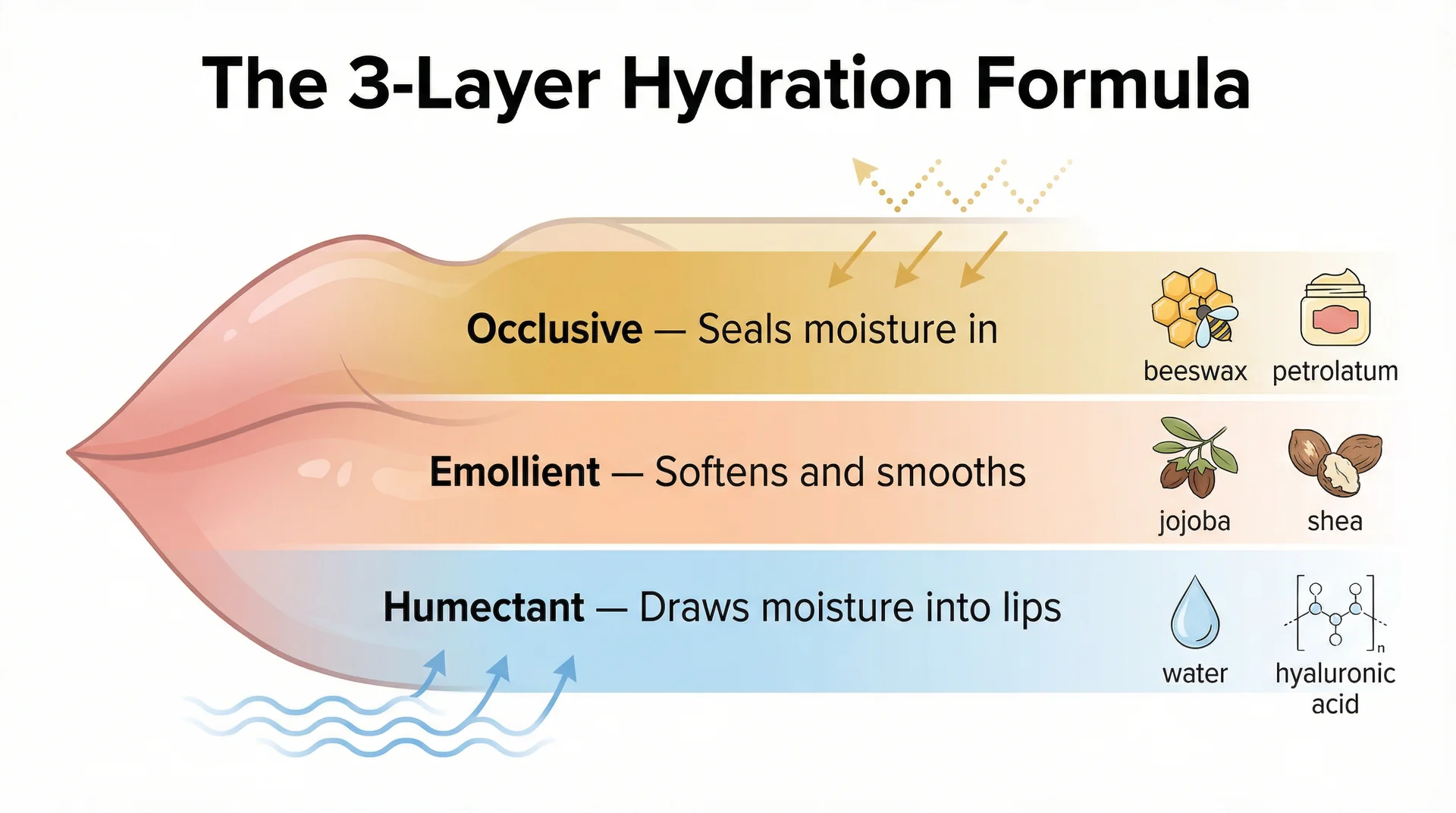 Infographic of 3-layer lip gloss formula showing humectant, emollient, and occlusive layers explained