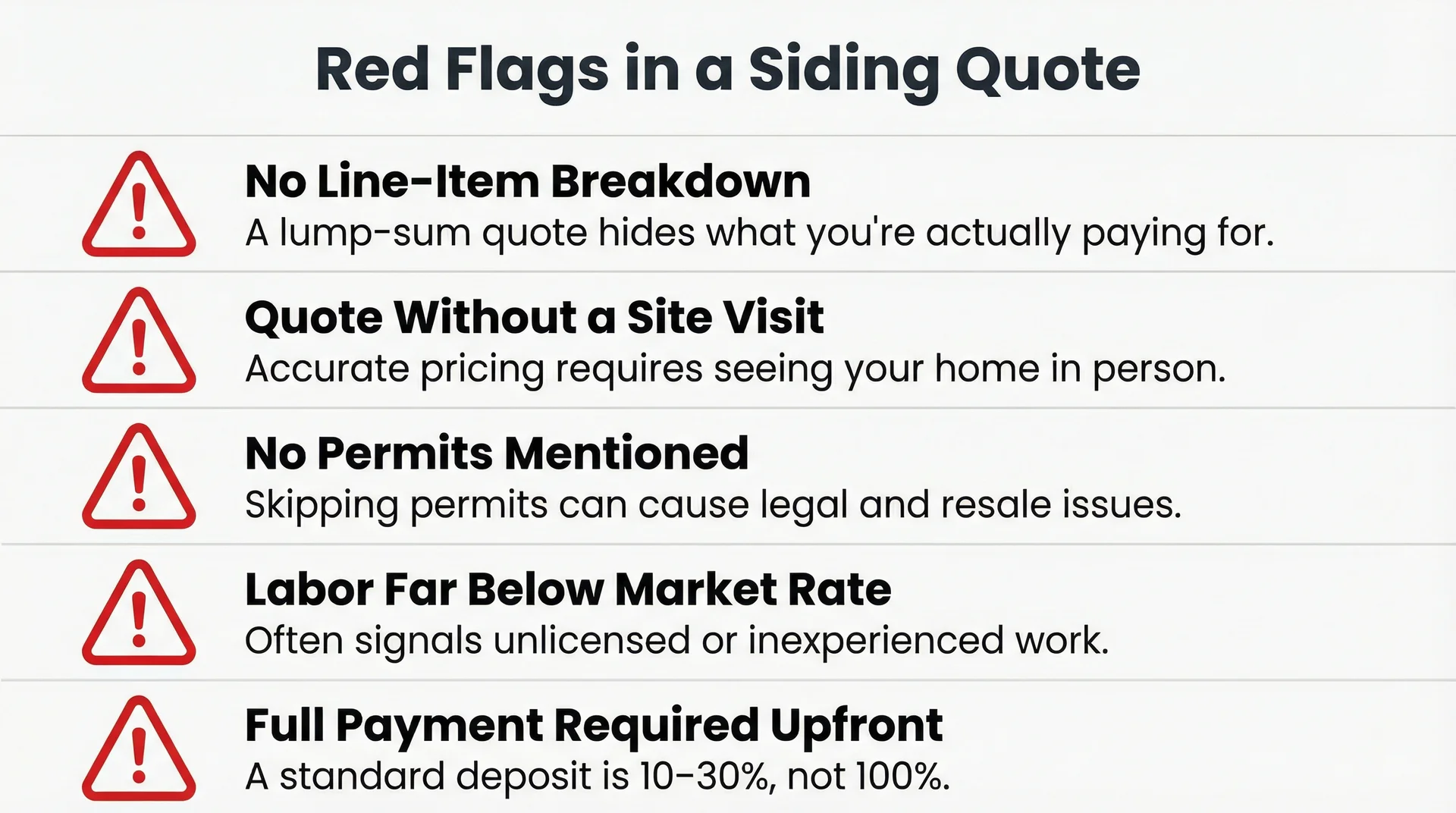 Infographic showing five red flags in siding contractor quotes including no site visit, missing permits, and full upfront payment demands