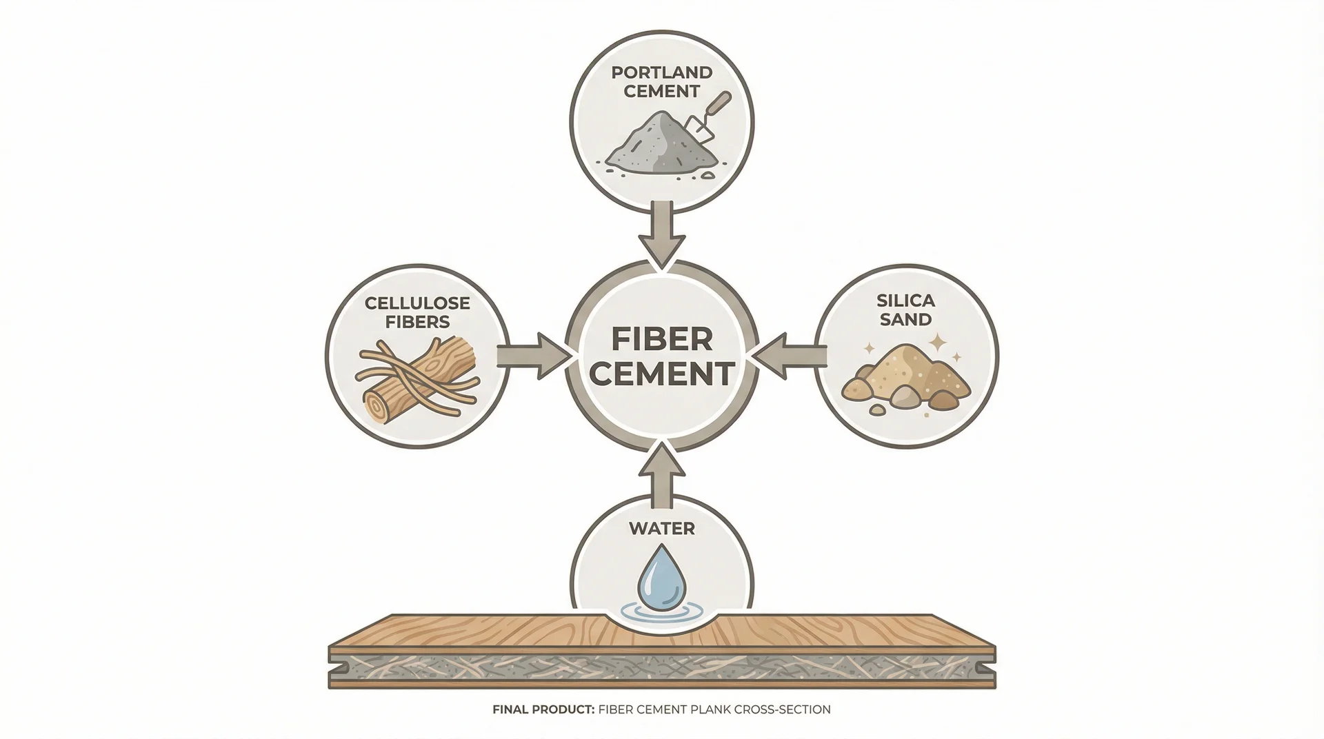 Infographic showing four ingredients of fiber cement: Portland cement, silica sand, water, and cellulose fibers
