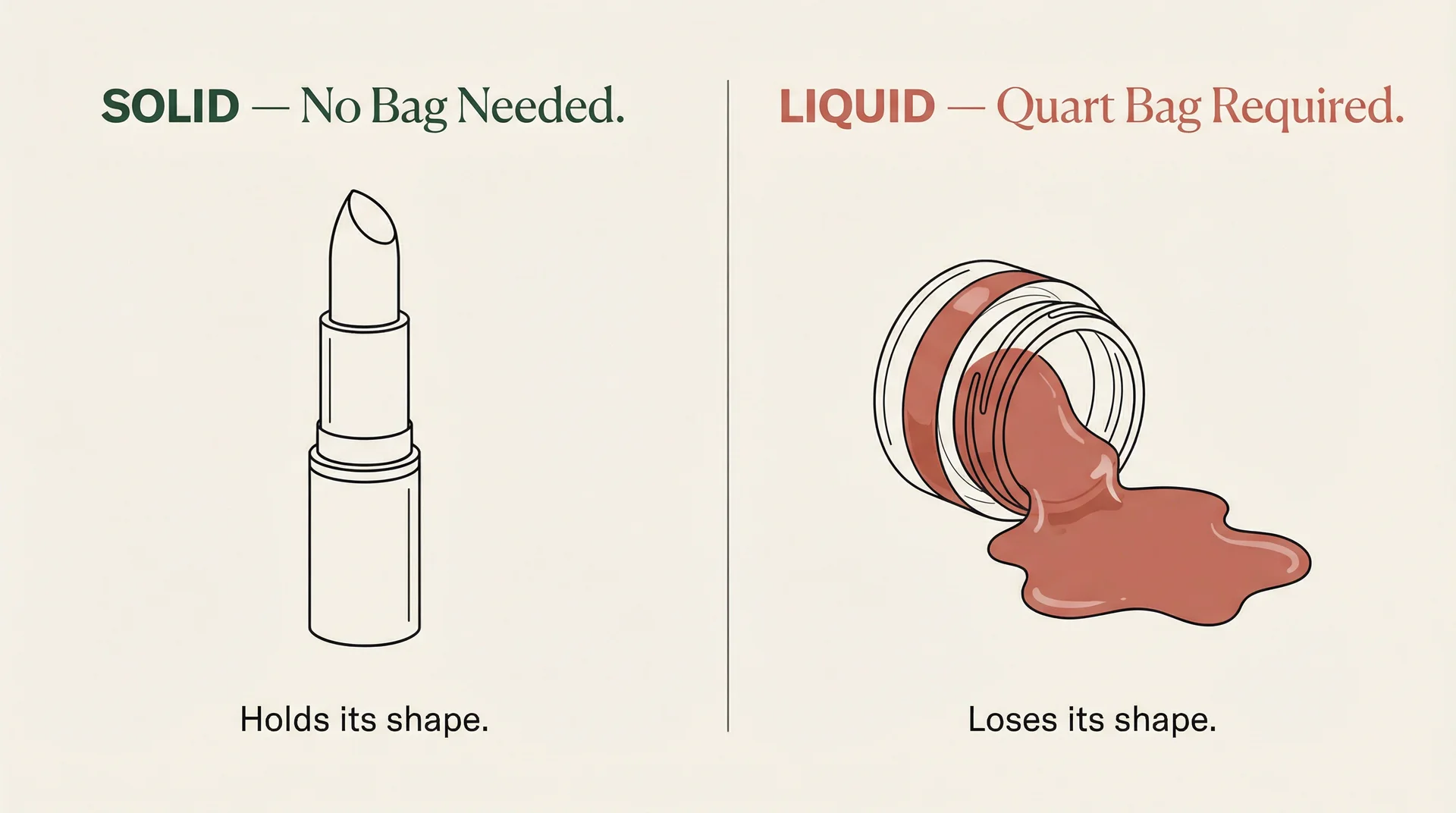 Infographic showing solid lipstick holds shape compared to liquid lip gloss spreading — TSA solid vs liquid test