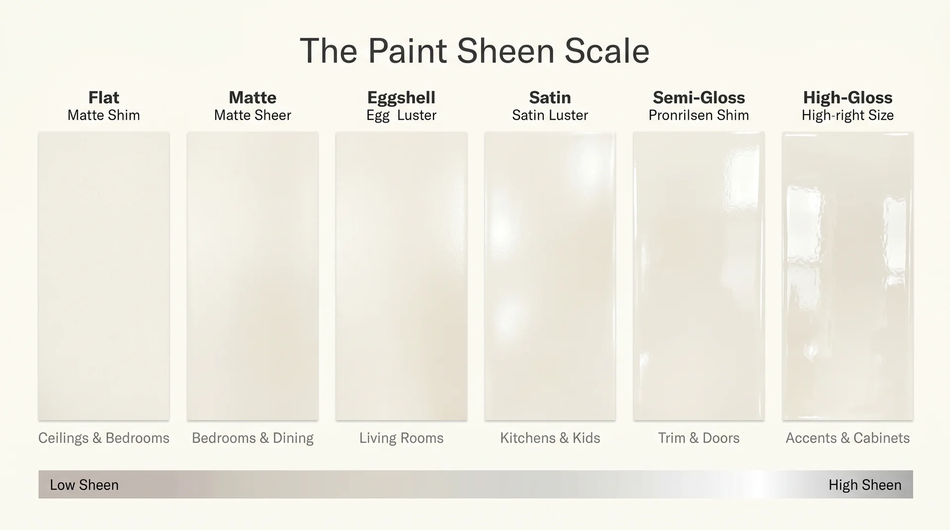 Infographic showing the paint sheen scale from flat to high-gloss with six finish swatches and room use labels.
