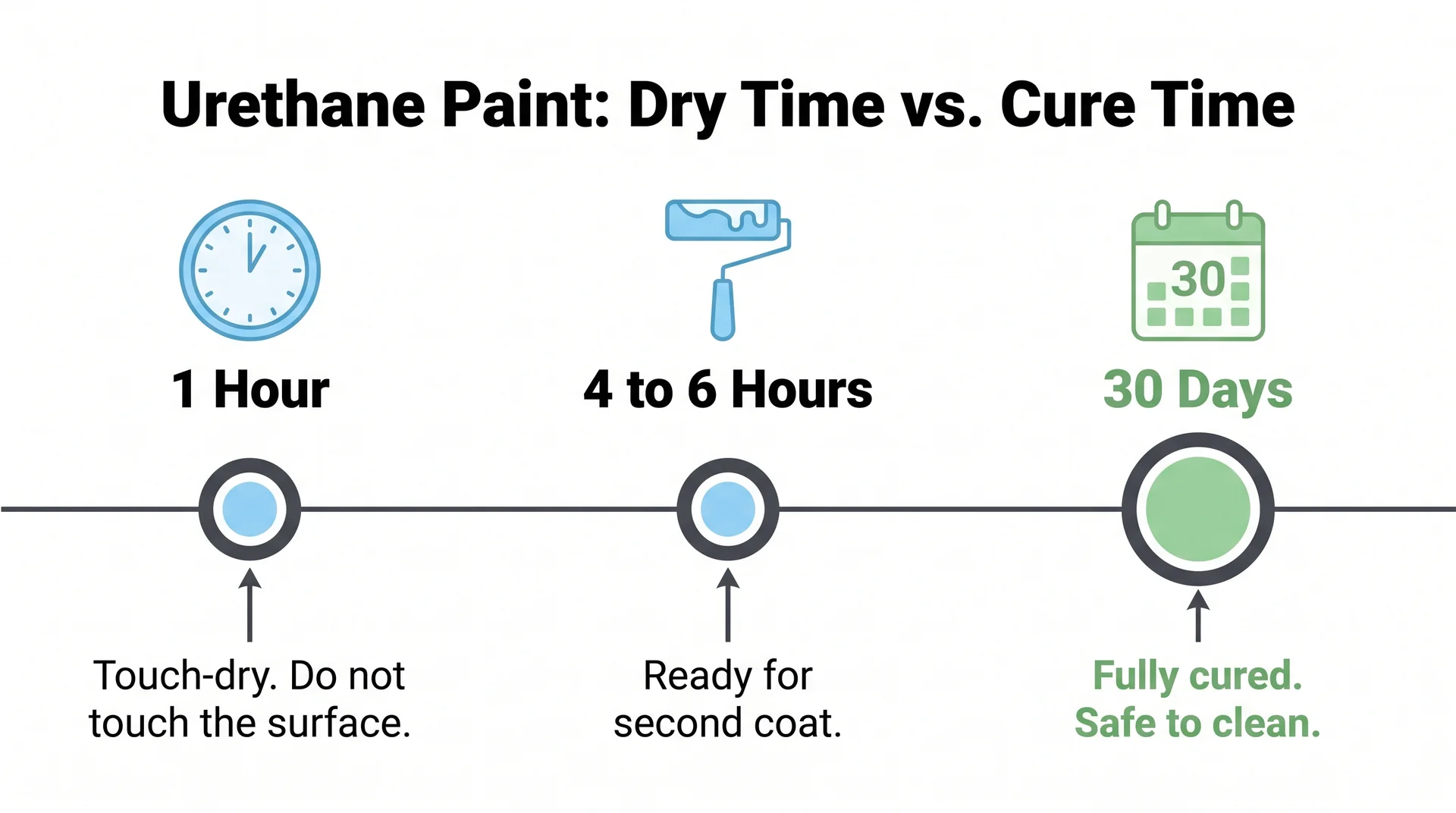 Infographic timeline showing urethane paint dries in 1 hour but takes up to 30 days to fully cure before cleaning