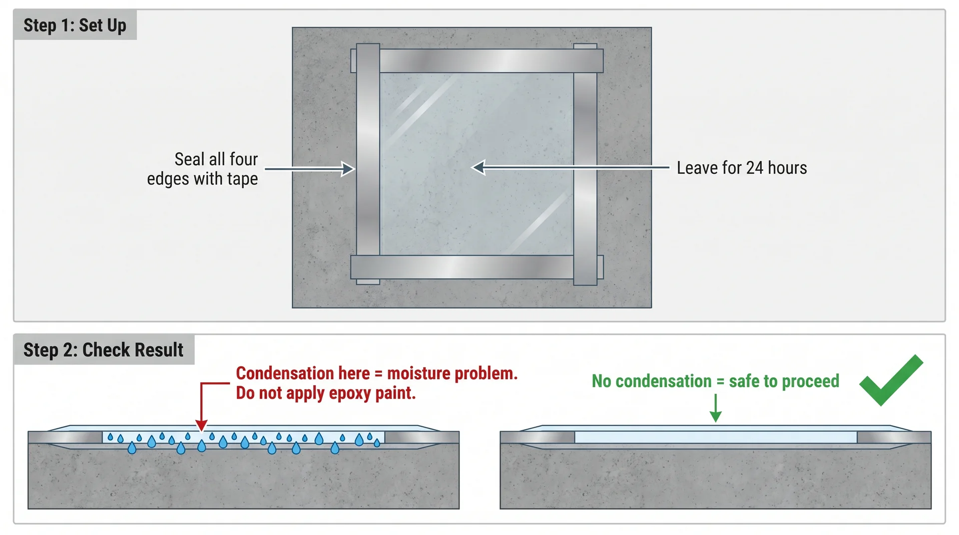 Instructional moisture test diagram: plastic sheet taped to concrete floor, checking for condensation before epoxy paint