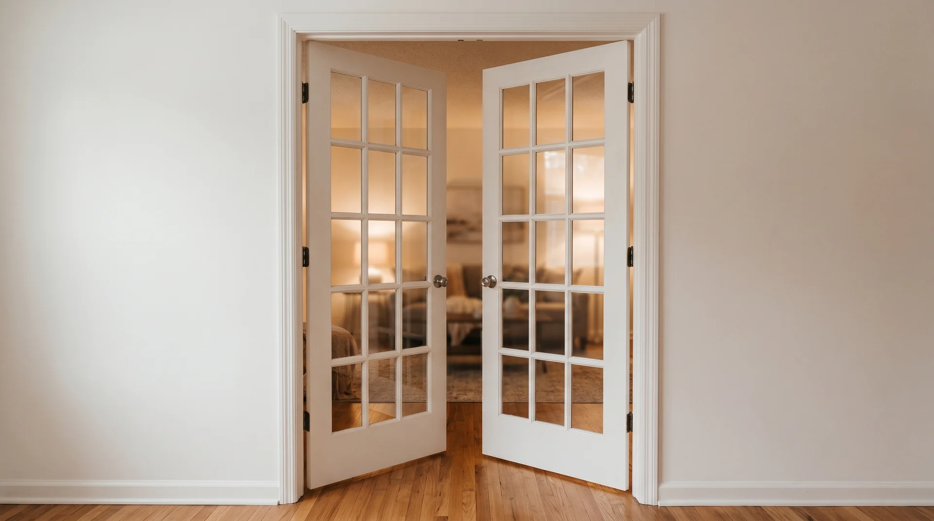 Interior French double doors with divided glass panes open in a white painted residential living room with oak floors