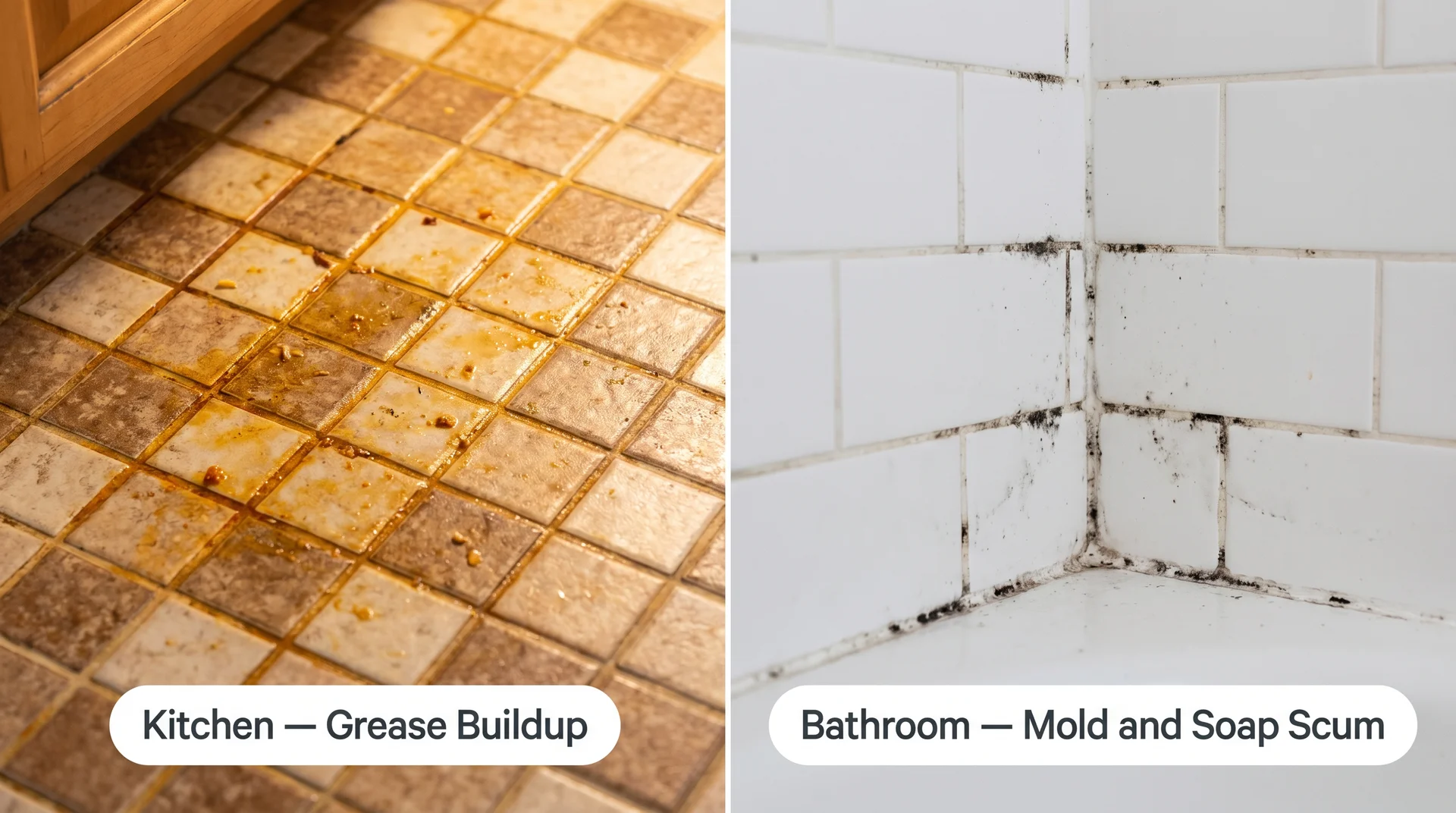 Kitchen floor grout darkened by cooking grease alongside bathroom shower grout blackened by mold growth