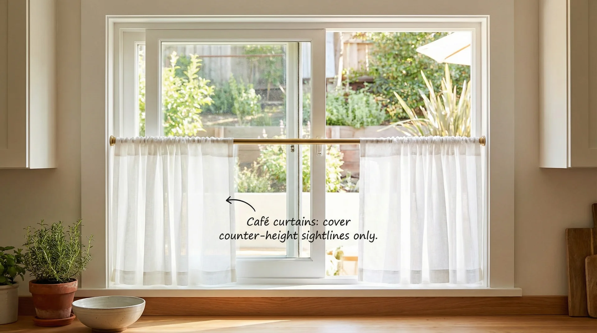Kitchen window with sheer café curtains on lower half only, upper half open for light
