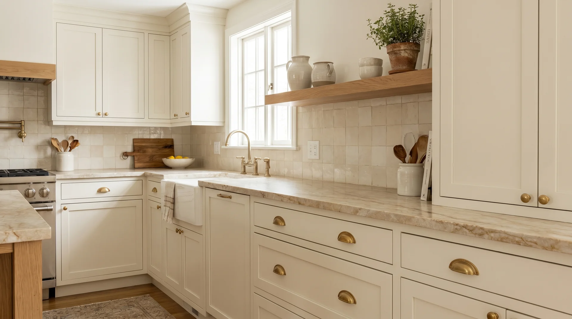 Kitchen with Alabaster white paint cabinets, brass hardware, and warm stone countertops in a classic interior