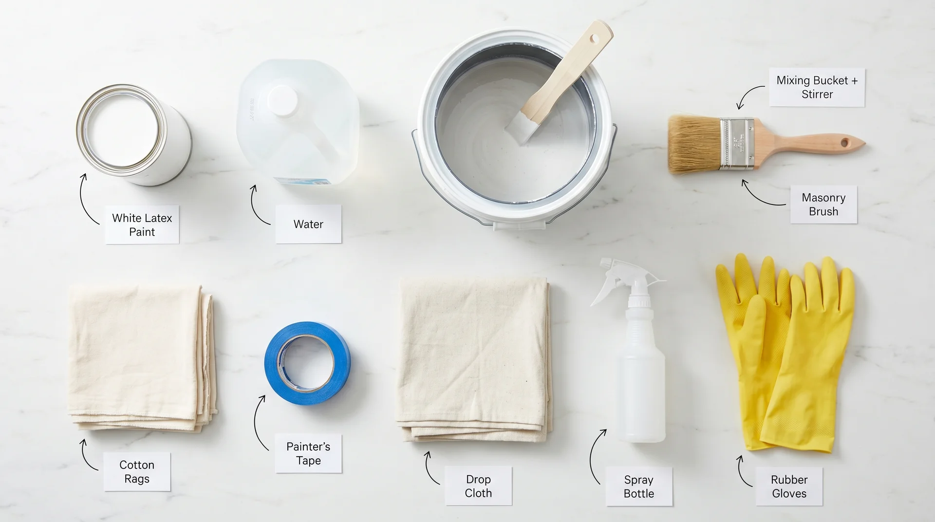 Labeled flat lay of tools needed to whitewash brick including masonry brush, rags, mixing bucket, and latex paint