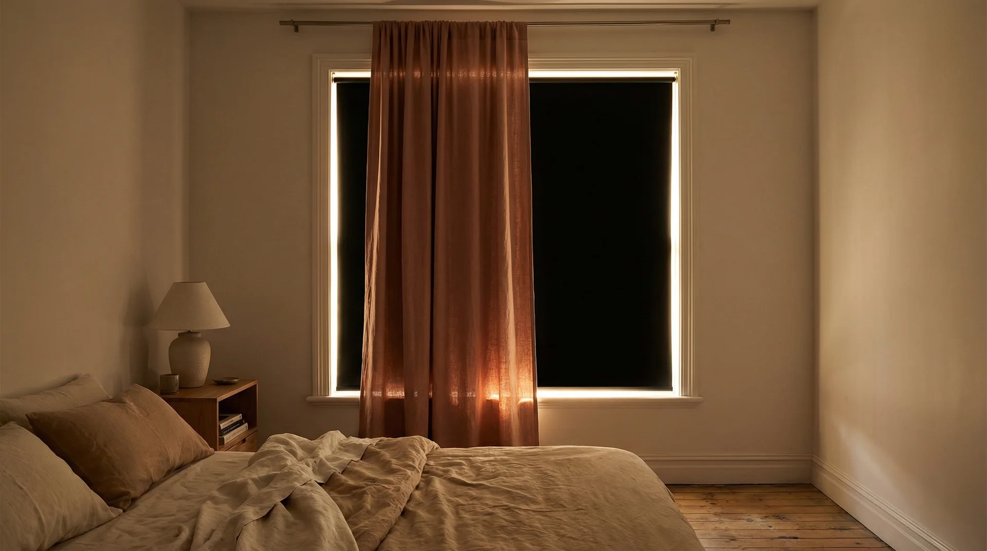 Large bedroom window with a layered curtain system — a decorative linen
front panel over a closed blackout panel blocking morning light.
